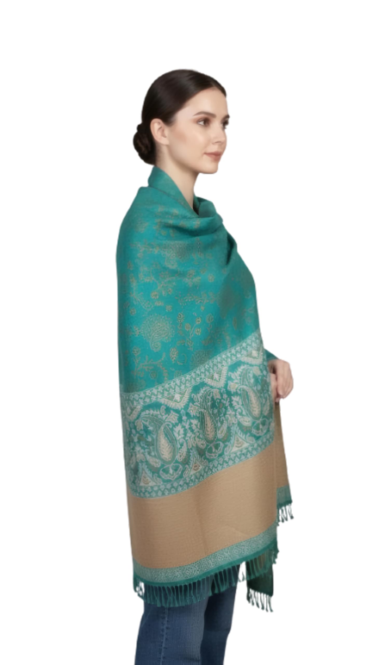 Teal Pashmina Wool Shawl Women Jacquard Paisley Print with Beige Palla Fringe – Soft Warm Winter Stole Wrap for Ethnic Casual Wear (Free Size)-picture-30
