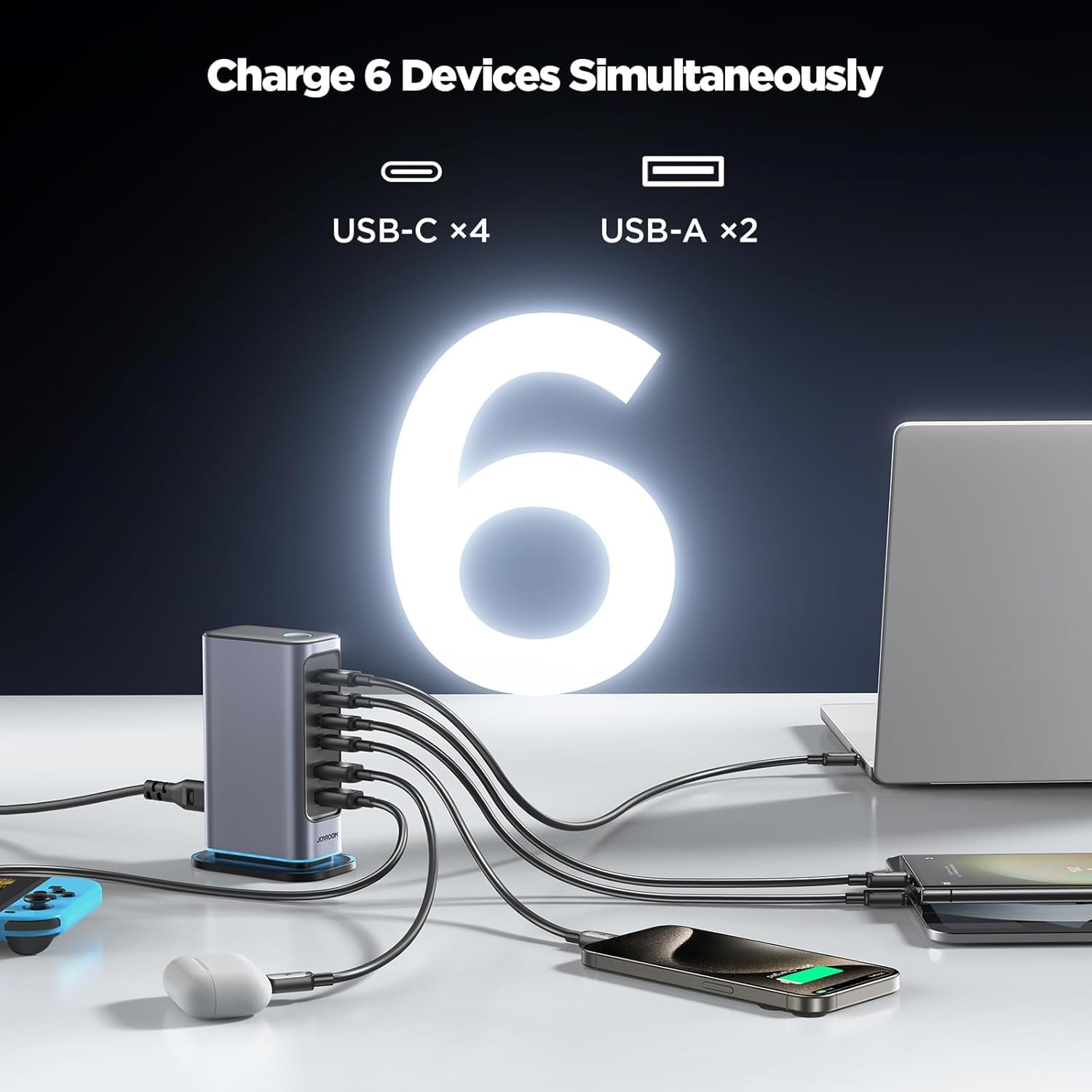 JOYROOM JR-TCM02 65W ładowarka USB Block 6-portowa GaN ładowarka do telefonu stacjonarnego - czarna