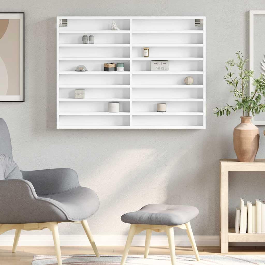 Vitrina blanca 100 x 8,5 x 75 cm, vitrina de pared de material de madera, moderno armario colgante para salón y pasillo, ahorra espacio con espacio para objetos de colección