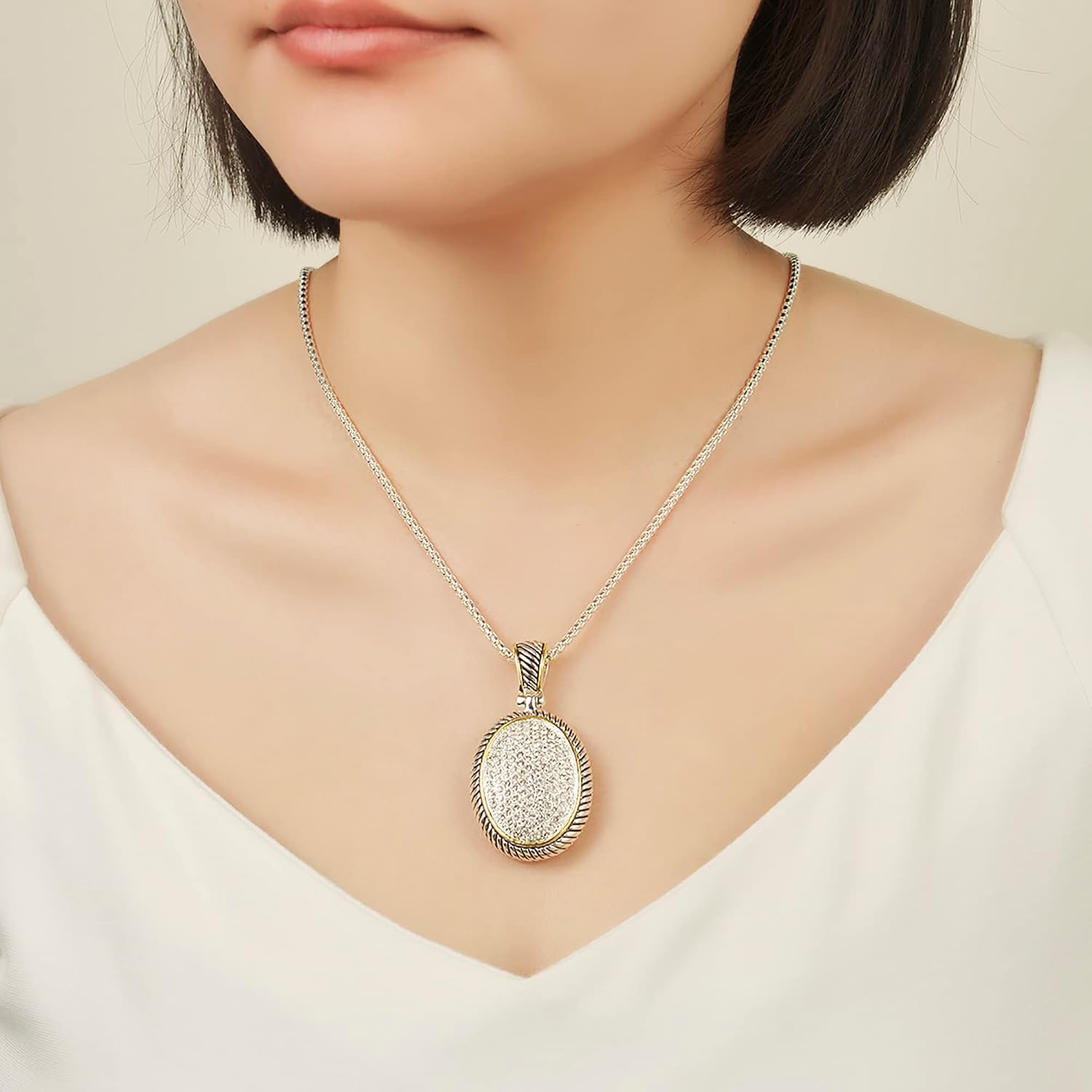 UNY JEWEL Jewelry Make a Statement with Our Two Tone Twisted Cable Wire Oval Enhancer Pendant Featuring Pave Rhinestone 2mm Box Chain 45cm + 5cm Extension