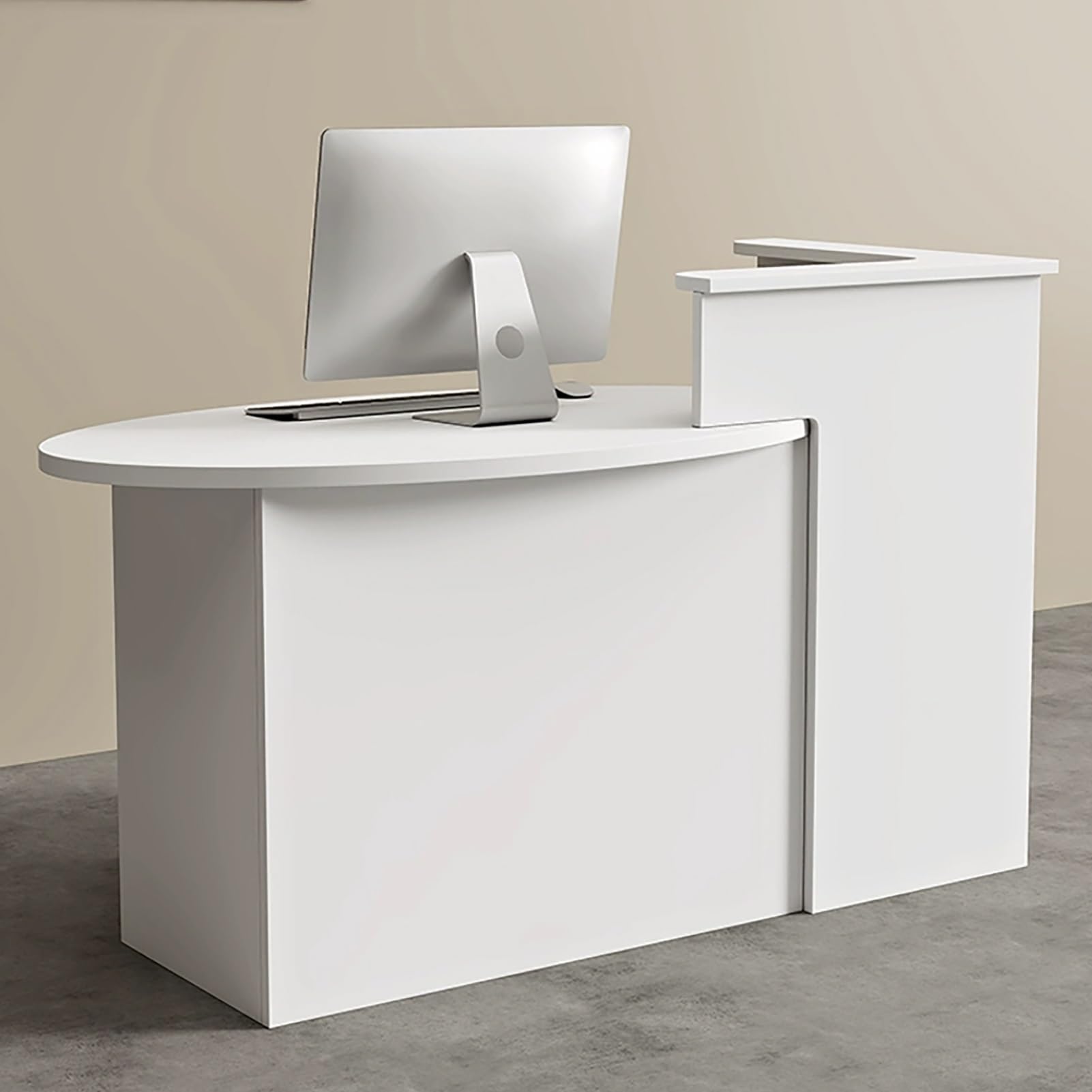 Generico Banco Reception Moderno Bianco con cassetto con Serratura e armadietto Contenitore, Piano Ovale Frontale, Tavolo Cassa per Negozi da 140 cm (55,1 Pollici) per u