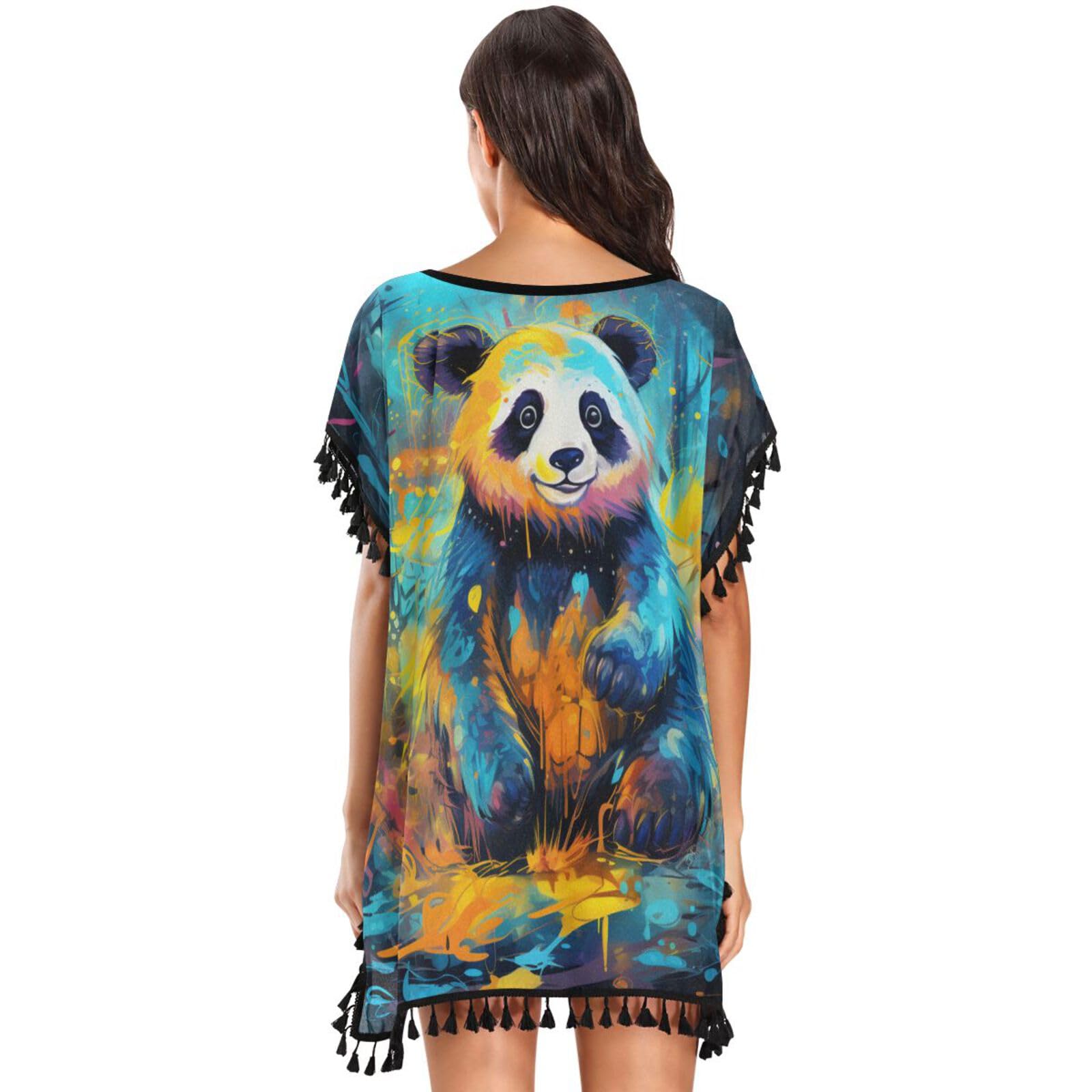 Watercolor Art Panda Women's Beach Cover Up Chiffon Tassel Swimwear Swimsuit Coverups for Girl