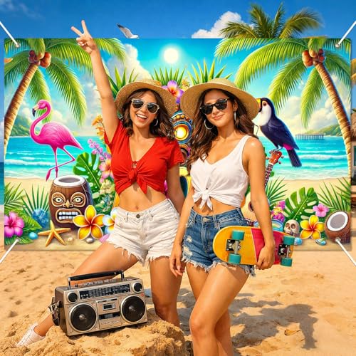 Image of BlissYard Aloha Banner 71 x 43 Inch Hawaiian Luau Backdrop Tiki Mask Flamingo Toucan Tropical Beach Summer Party Decorations Photo Booth Background Wall Decor