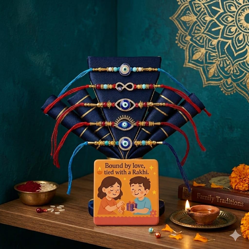 SAUDEEP INDIA Decorative Fridge Magnet for Refrigerator Decor | Pack of 5 Rakhi for Brother | Raksha Bandhan Gift Combo | Cotton Thread Bhaiya Rakhi Festive Gift Home Decor Accessory