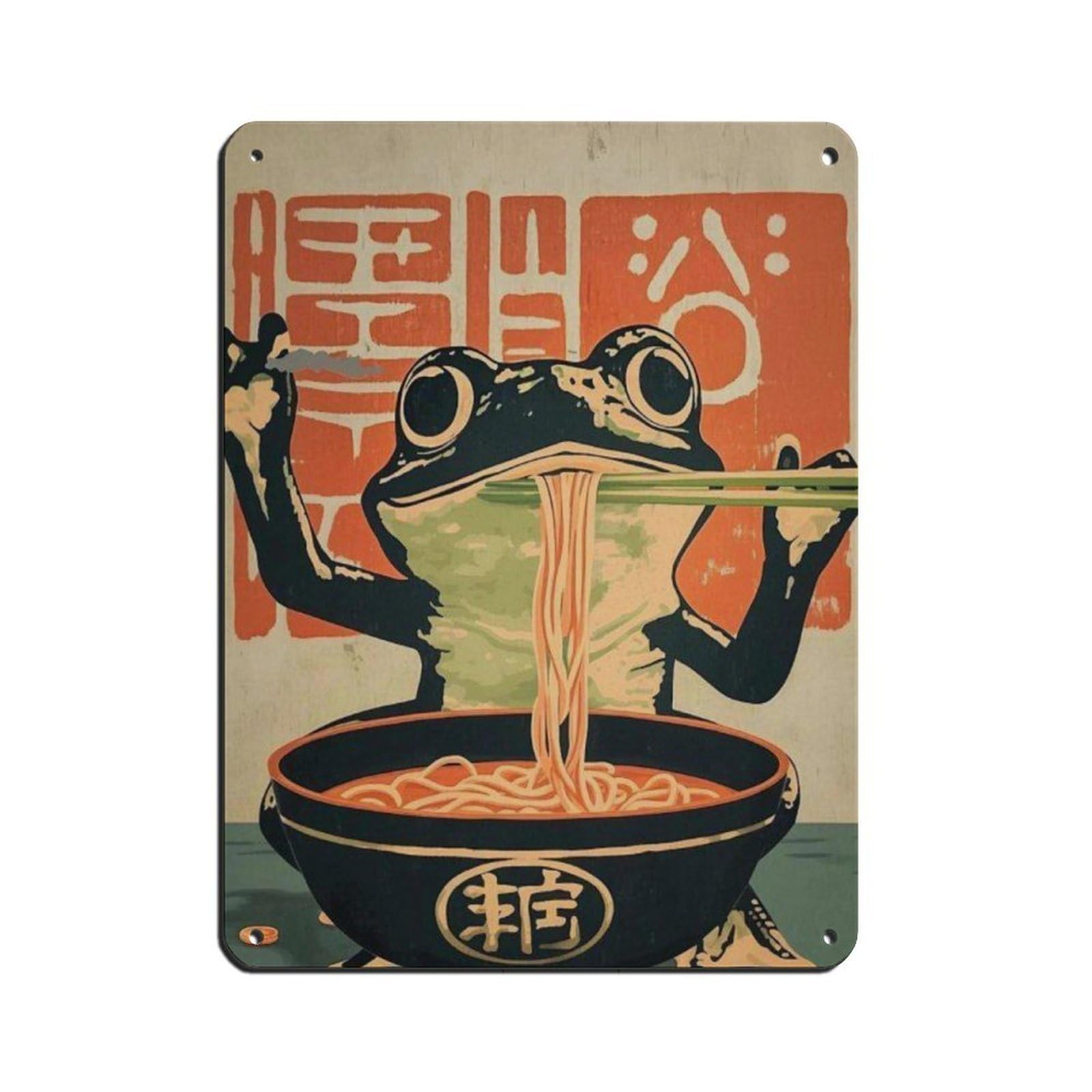 Frog Eating Ramen Poster, Tin Sign Vintage Metal Pub Club Cafe Bar Home Wall Art Decoration Poster Retro 12x16inch(30x40cm)