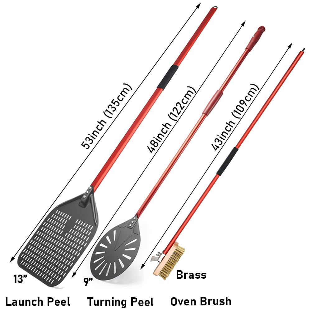 Onilini 3 Pieces Pizza Tools Set, 13 Inches Perforated Pizza Peel, 9 inch Hard Anodized Pizza Turning Peel, 43 inch Oven Cleaning Brush, 3 PCS Oven Accessories(Red)