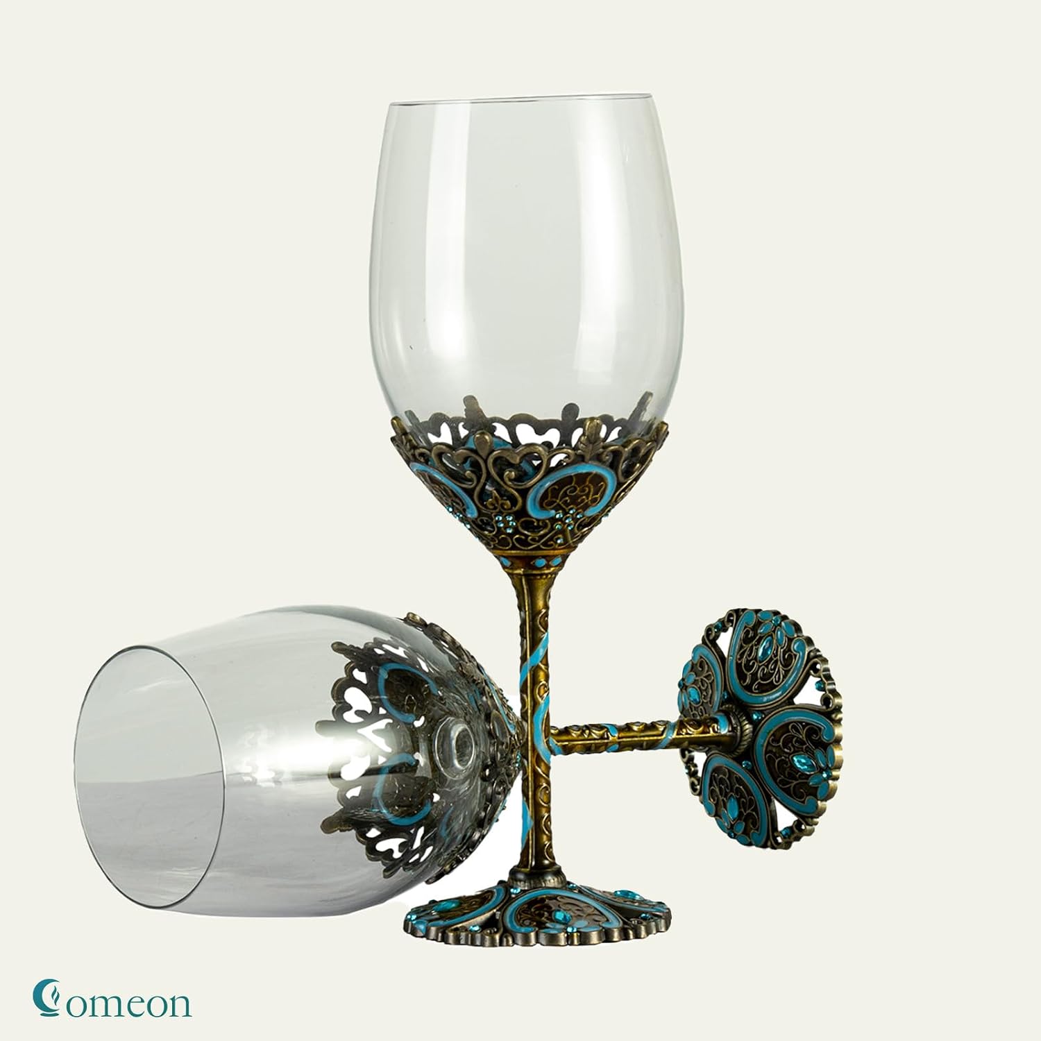 Comeon Wine Glasses Clear Handcrafted Champagne Glasses Red Wine Glasses Set of 2 Enamel Floral Goblets (Blue)