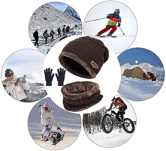 Image of Winter Knit Beanie Cap Hat With Neck Warmer Muffler And Woolen Gloves Set For Unisex Men & Women | Caps Ear Scarf And Hand Glove Combo For Girls Mens & Boys For Bike | 3 Piece