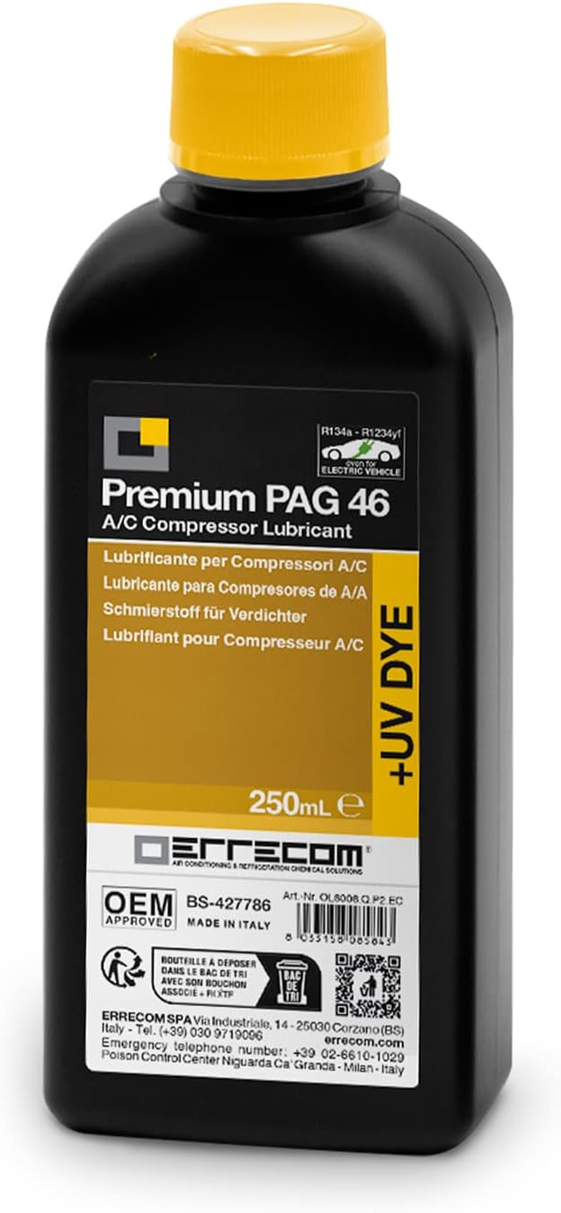 PAG 46 + UV Dye - 250 mL, Vehicle A/C Compressor Oil, compatible also with Electric Compressors, suitable for R134a and R1234yf refrigerant gases, Contains Fluorescent Dye