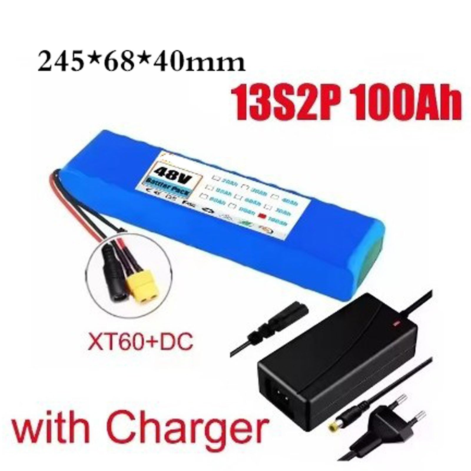 48V 100AH Batteria Per Bicicletta Elettrica Con Caricatore 13S2P Batteria Impermeabile Per Monopattino Elettrico Per Motore 100-600W Sistema BMS integrato 48V 100Ah,XT90+DC