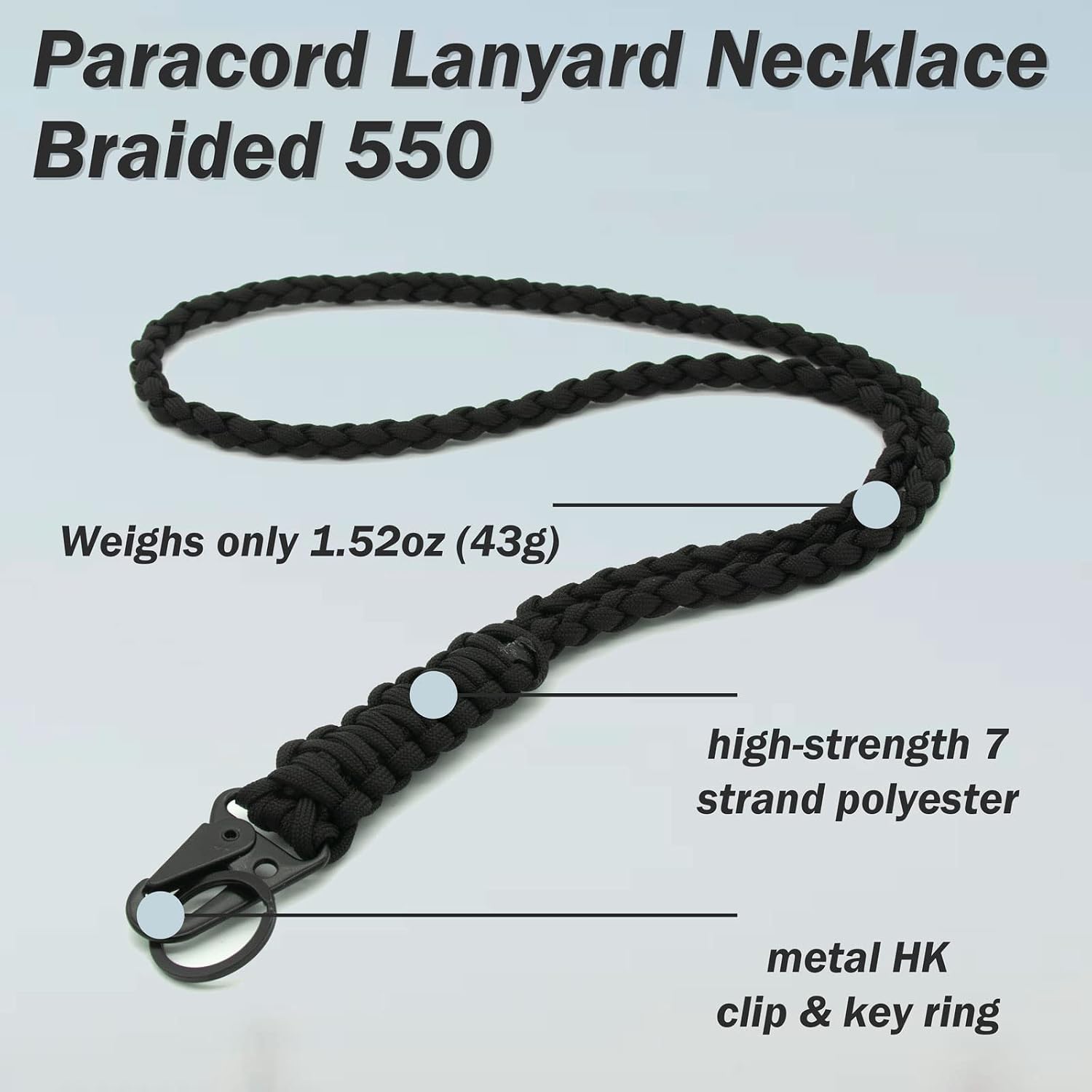 2 Pieces Heavy Duty Paracord Lanyard Braided 550 Necklace Keychains Whistles Wrist Strap Parachute Rope for Outdoor Activities, Camera, ID Card Badge Holder, Wallet and Keys (Black + Olive Green) image 3