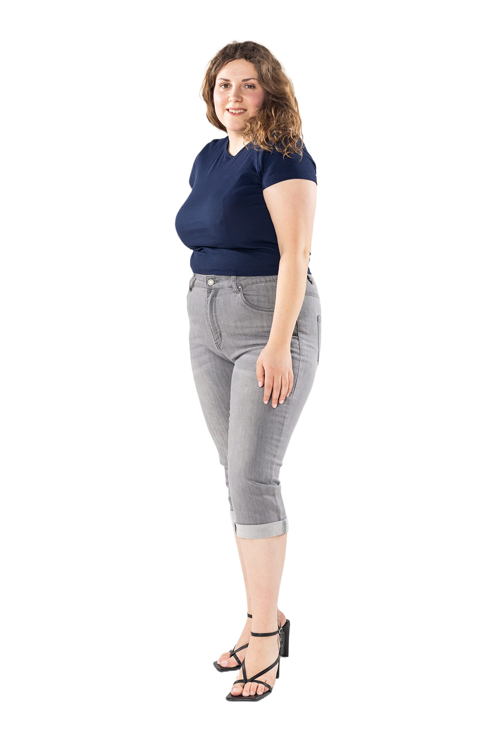 Nina Carter P200 Damen Capri Jeanshosen Große Größen HIGH Waist Jeans Sommer Hose Used-Look