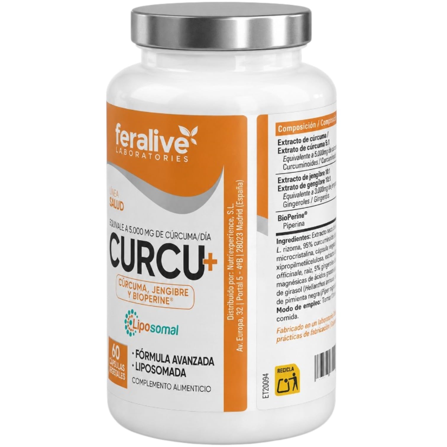 Curcu+ 60 Cápsulas – Cúrcuma Liposomada y Jengibre con BioPerine® – Suplemento para Articulaciones, Digestión, Inflamación y Daño Oxidativo