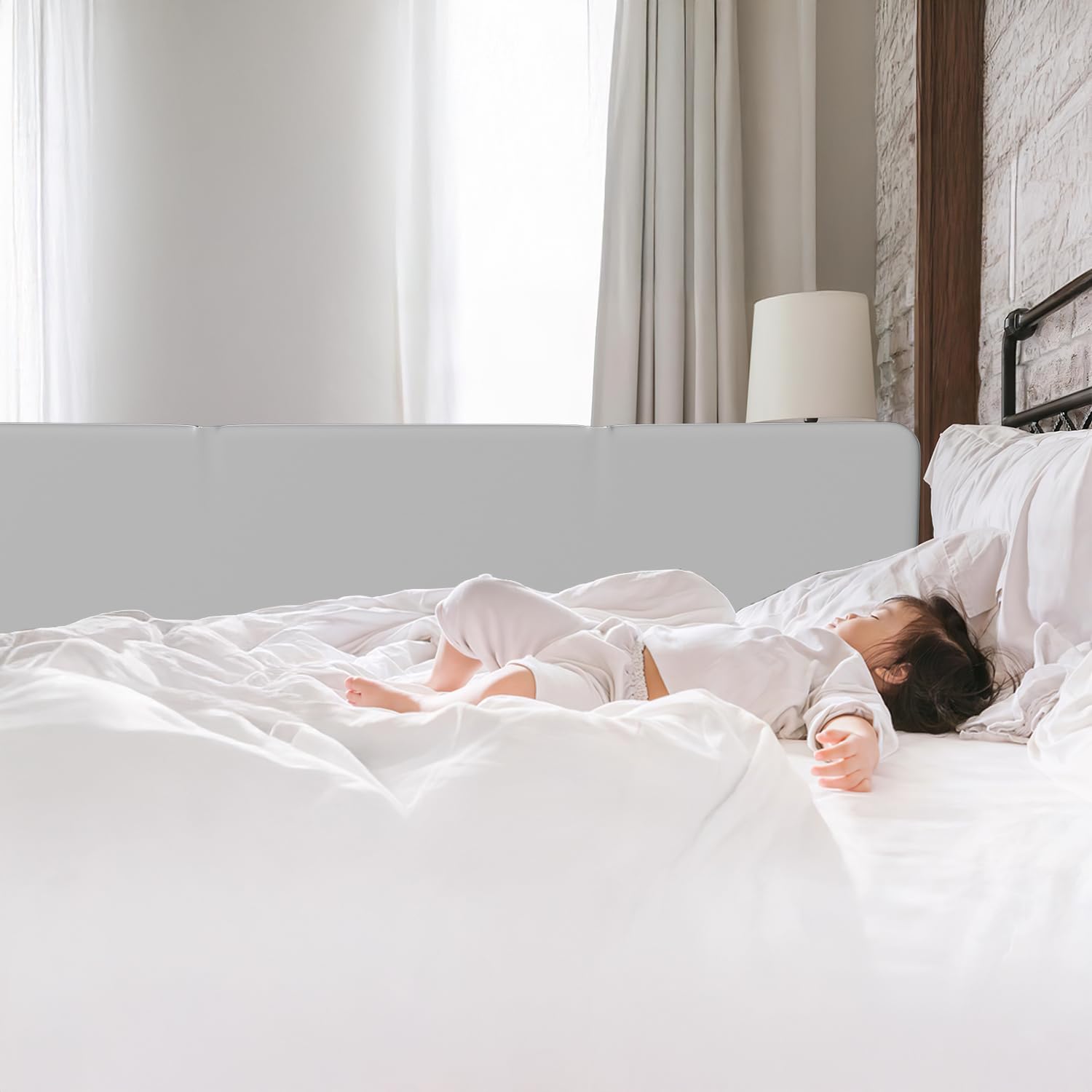 Barrera de cama 150 cm x 2, plegable, protección contra caídas, altura ajustable, rejilla de protección para cama, fácil montaje sin herramientas, portátil para viajes, gris