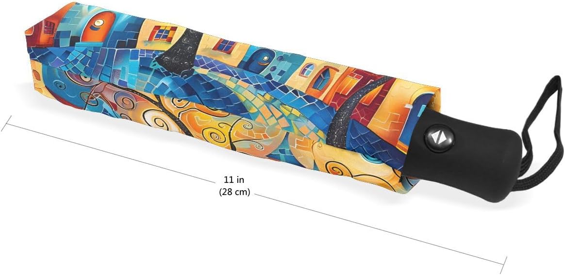 ALAZA Vibrant Style Colorful House Watercolor Folding Umbrella Auto Open Close Compact Umbrella Windproof Waterproof for Rain Sun UV