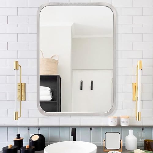 Espejo de pared rectangular de 20 x 27.5 pulgadas, espejo de baño de aleación de aluminio, espejo de esquina redondeada con marco de metal para