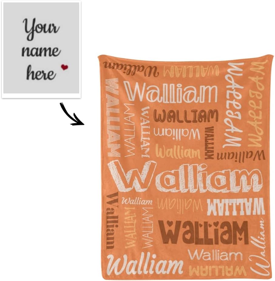 Custom Blanket Personalized Name Blanket Customized Blanket with Name Text for Adults Girls Boys Kids Baby Birthday Orange