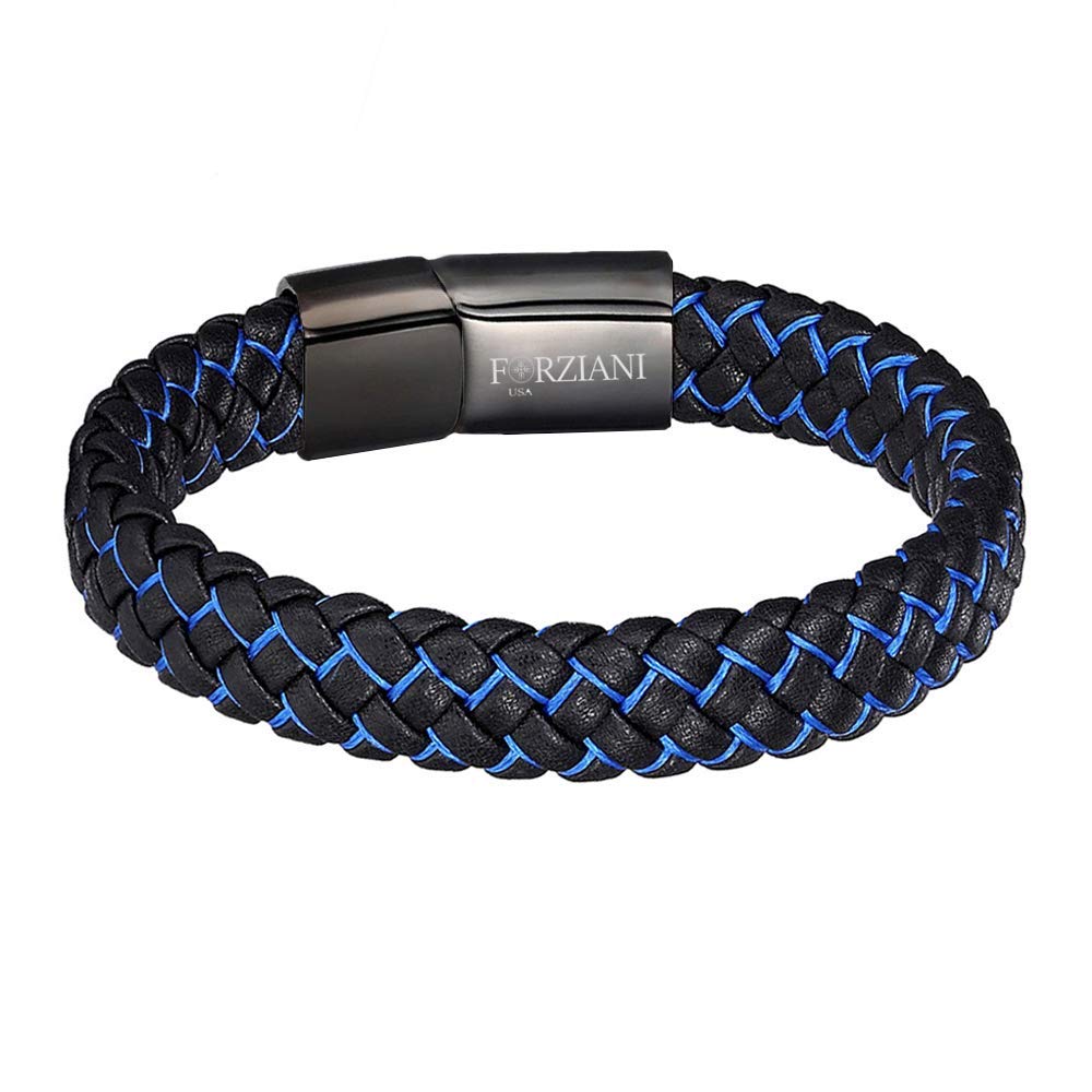 FORZIANI Premium Black Blue American Woven Leather Bracelet for Men – Genuine Braided Leather Wristband with Stainless Steel Clasp - Size Large - Gift Box Packaging Included - Mens Christmas Gift