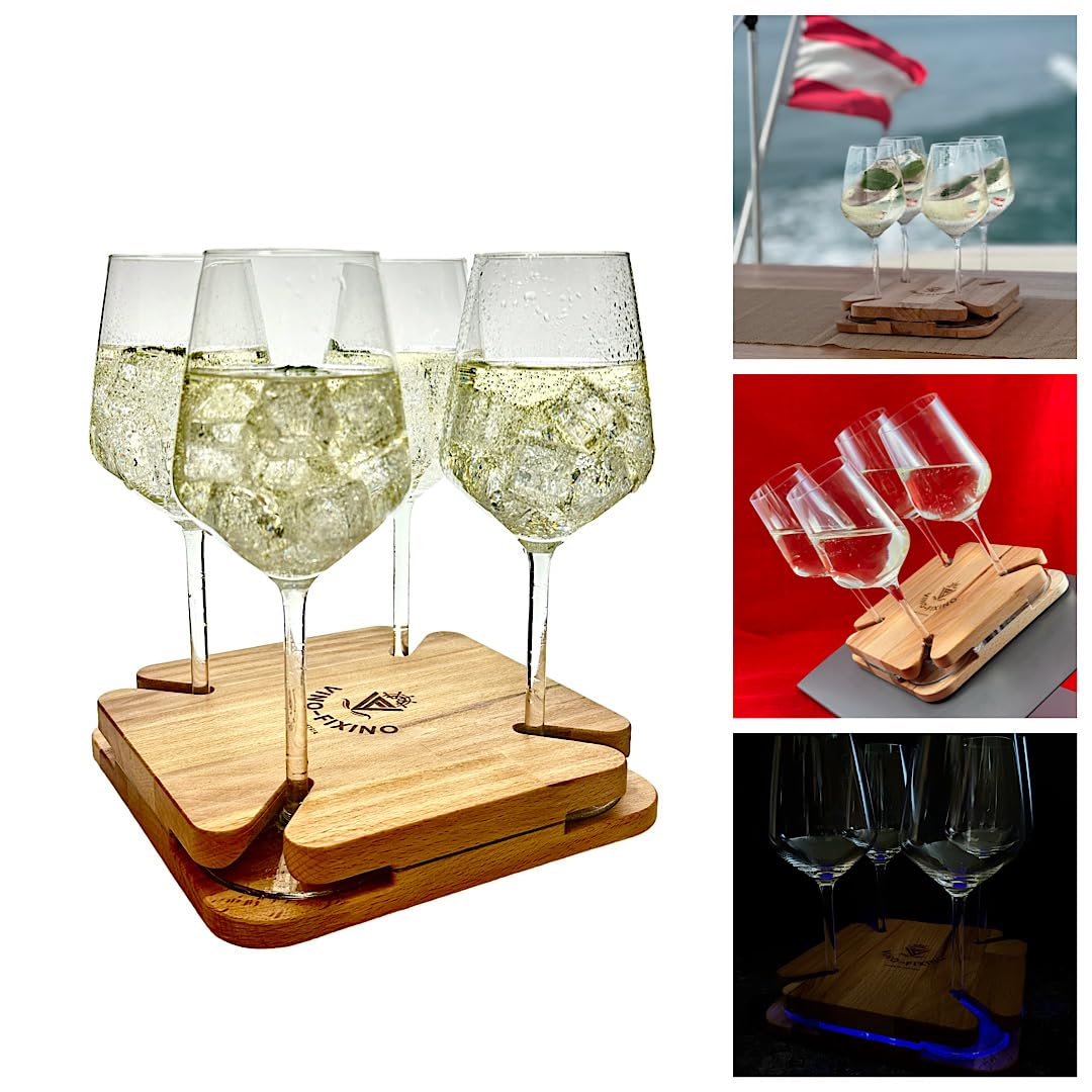 exklusiver Weinglashalter, Getränkehalter für Boote, Wohnwagen, Camping, Picknick, Couchbar, Serviertablett, Rutschfester Stand, mit LED Beleuchtung und 4 Stück Gläser 380ml (LED blau)