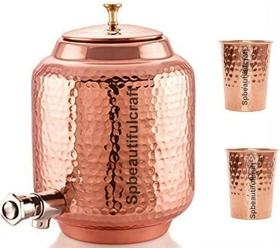 HRS India Pure Copper Water Dispenser Hammered Pitcher Matka 4 Litre, 2 Drinking Tumbler Glass Cup 300ML