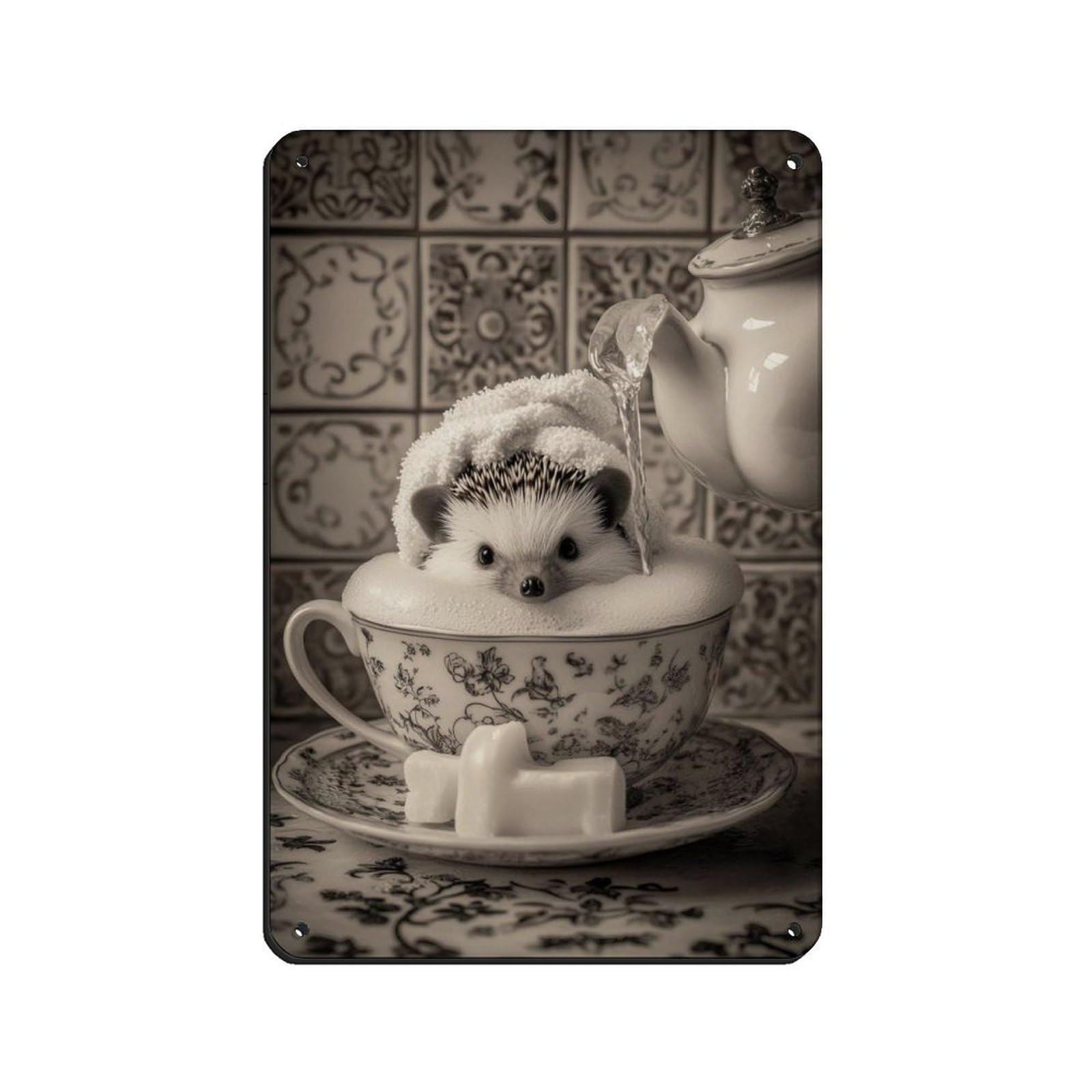 Adorable Hedgehog in Teacup Retro Poster Metal Tin Sign Chic Art Retro Iron Painting Bar People Cave Cafe Family Garage Poster Wall Decoration 8x12inch(20x30cm)