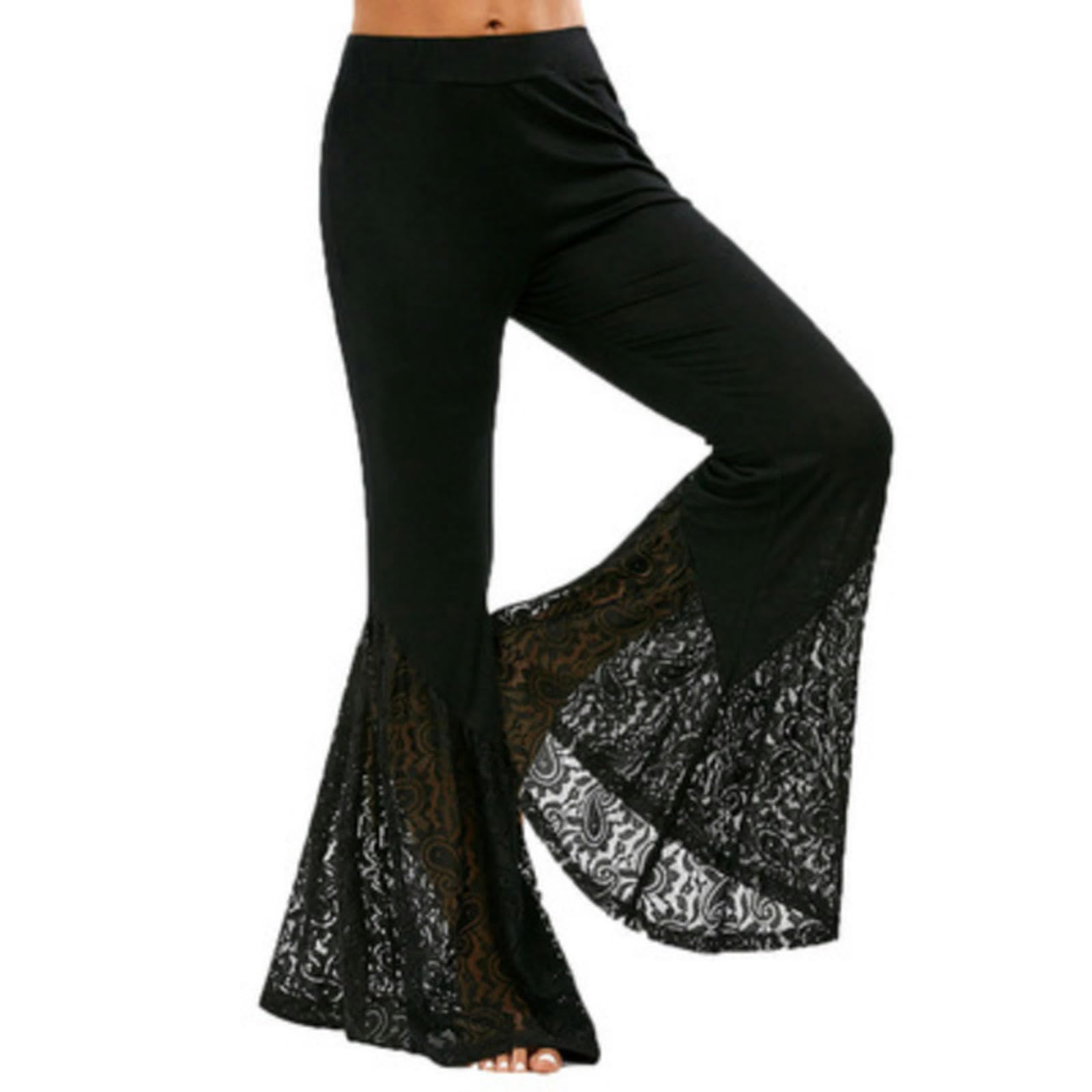 Pantaloni Svasati in Pizzo Punk Gotico Allacciati Slim Moda Fasciatura Taglia Pantaloni a Zampa d'elefante per Le Donne Pantaloni Sottili Estivi Larghi Neri Pantaloni Lunghi-Stile 1-L