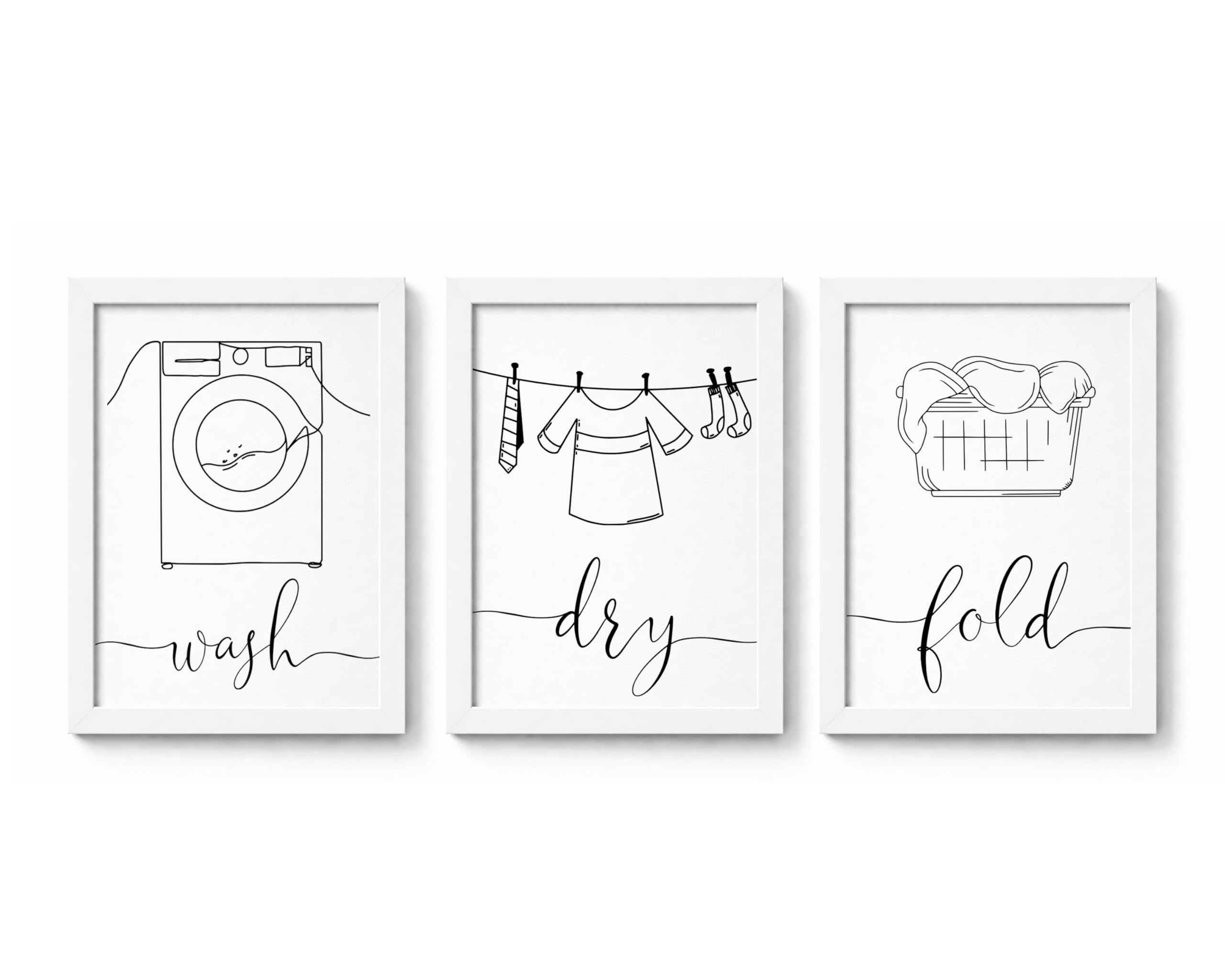 Set of 3 Laundry Room Prints, Wash Dry Fold Wall Art Prints, Unframed Washing Artwork, Utility Room Décor - A5 A4 A3 Black And White Line Wall Art