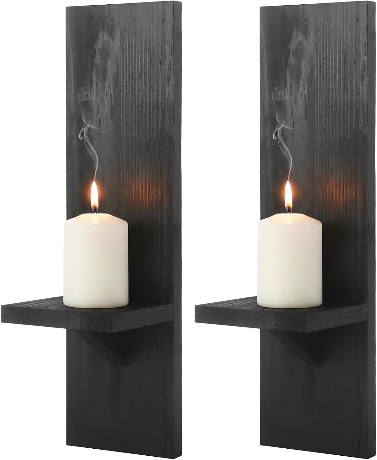 2pcs Wooden Wall Candle Sconces, Black Minimalist Farmhouse Wall Mount Decor with Floating Shelf, Handcrafted Ornament for Bedroom Living Space Dining Area