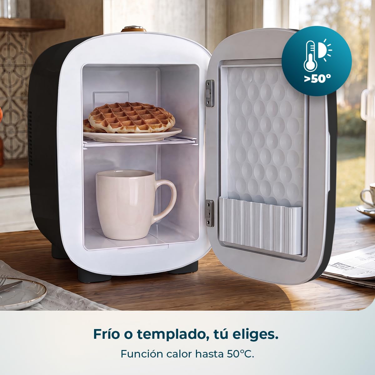Cecotec Mini Frigorífico Bolero MiniCooling 4L Capri Black. Funciona a 12V y 220V, Ideal para Coche y Caravanas, Función de Enfriamiento y Calentamiento, Rango de 7 a 50 Grados, Fácil Transporte