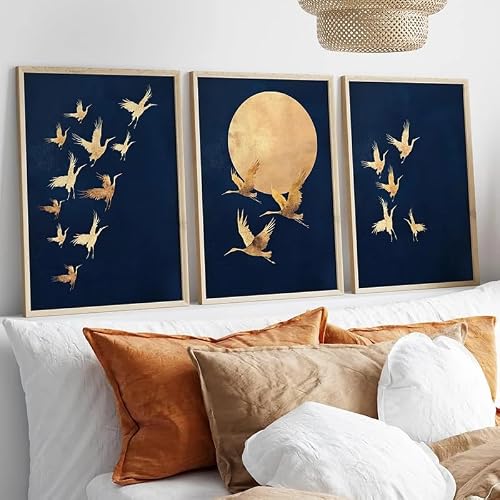 LTjiajuypd Golden Cranes Blue Japanese Poster Minimalist Wall Art Vintage Style Art Prints Canvas Paintings for Room Decor(50x75cm-3Pcs)