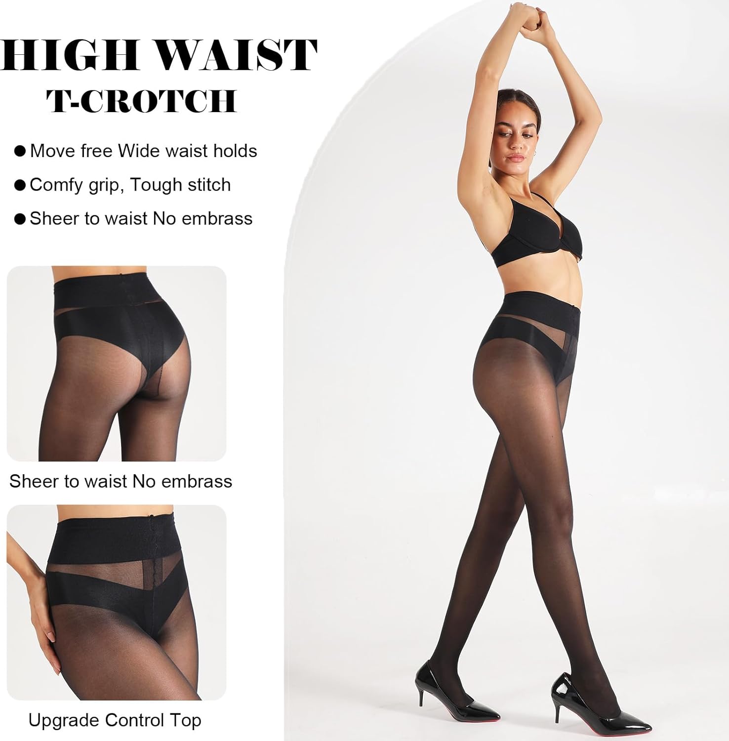 HONENNA Sheer Tights for Women T Crotch High Waist Black Pantyhose 20D Control Top Stockings 2 Pairs - Image 2