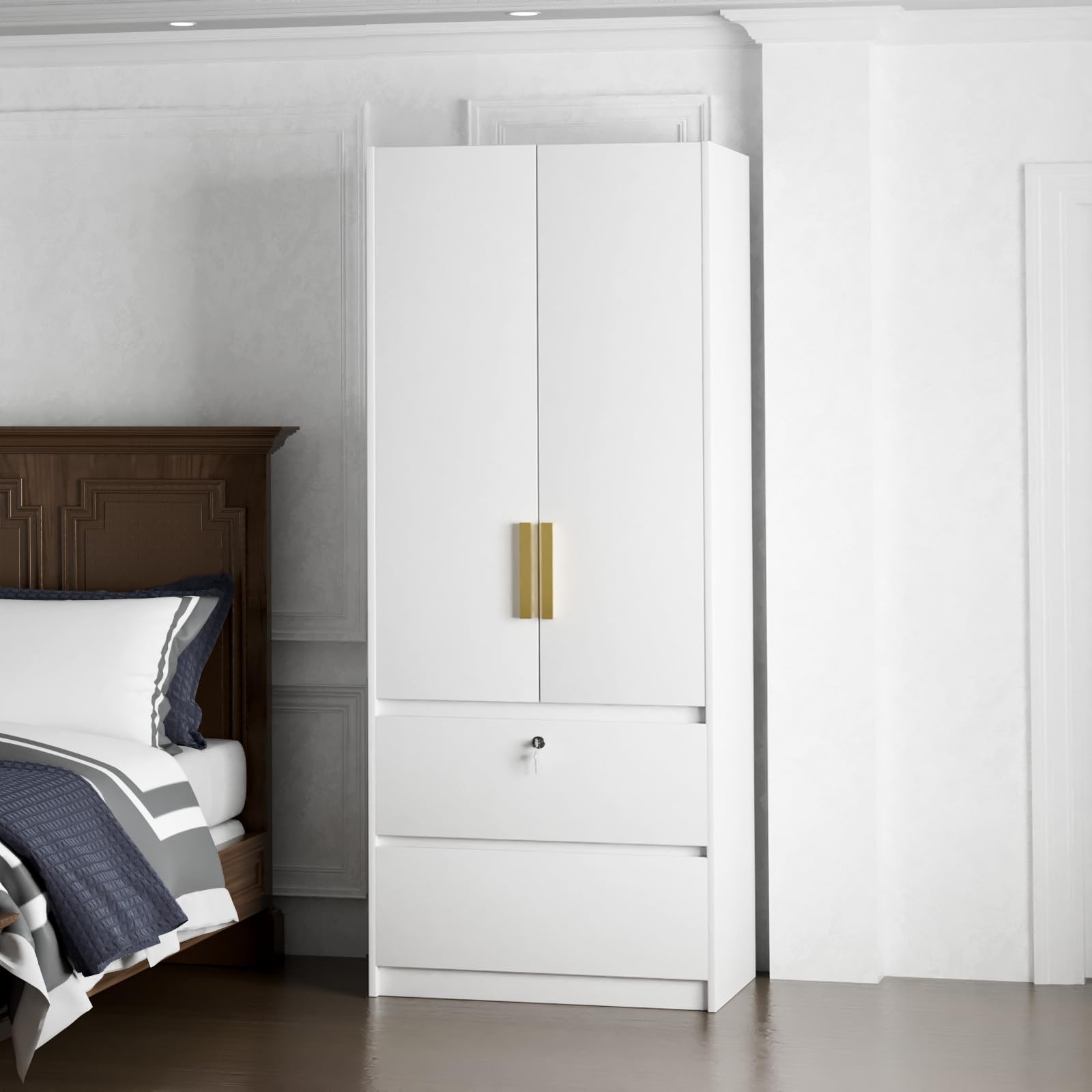 Nathaniel Home Bedroom Drawer, Large Freestanding Armoire Shelves, Closet Organizers and Storage with Hanging Rod, White, 2 Doors Wardrobe