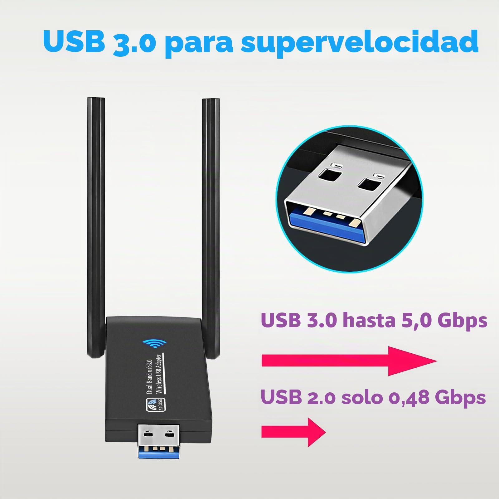 AC1300 Adaptador WiFi USB Dual Band 5GHz/2.4GHz Con Doble Antena Para PC, 1300Mbps, 5dBi Largo Alcance, USB 3.0, Conecta y Reproduce Windows11/10/8.1/8/7/Vista/XP