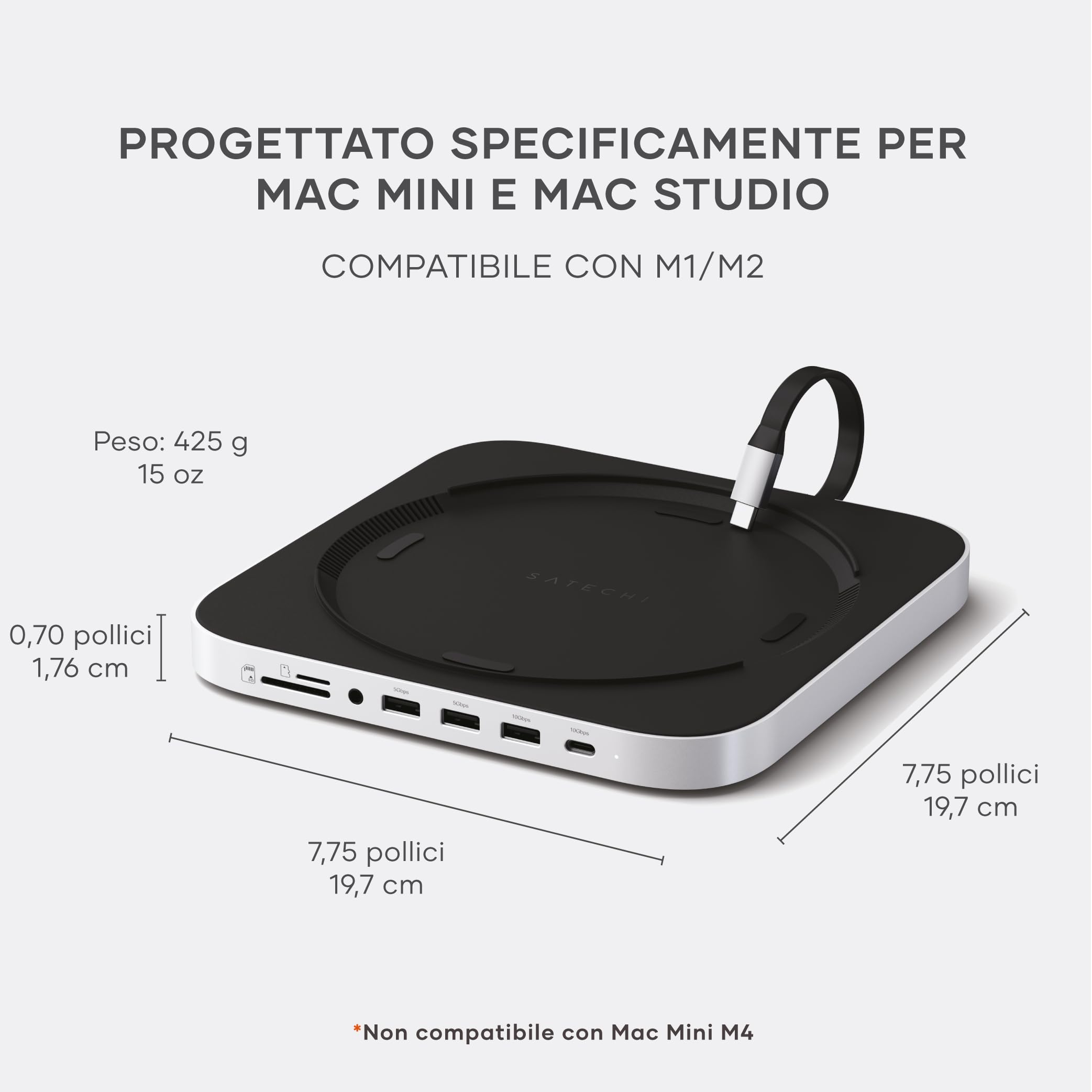 SATECHI Mac Mini Hub & Supporto per Mac Mini M2/M1 e Studio M4/M1 | Custodia SSD NVMe/SATA, USB-C 3.2 a 10Gbps, 3x porte USB-A fino a 10Gbps, jack audio (non compatibile con Mac Mini M4)