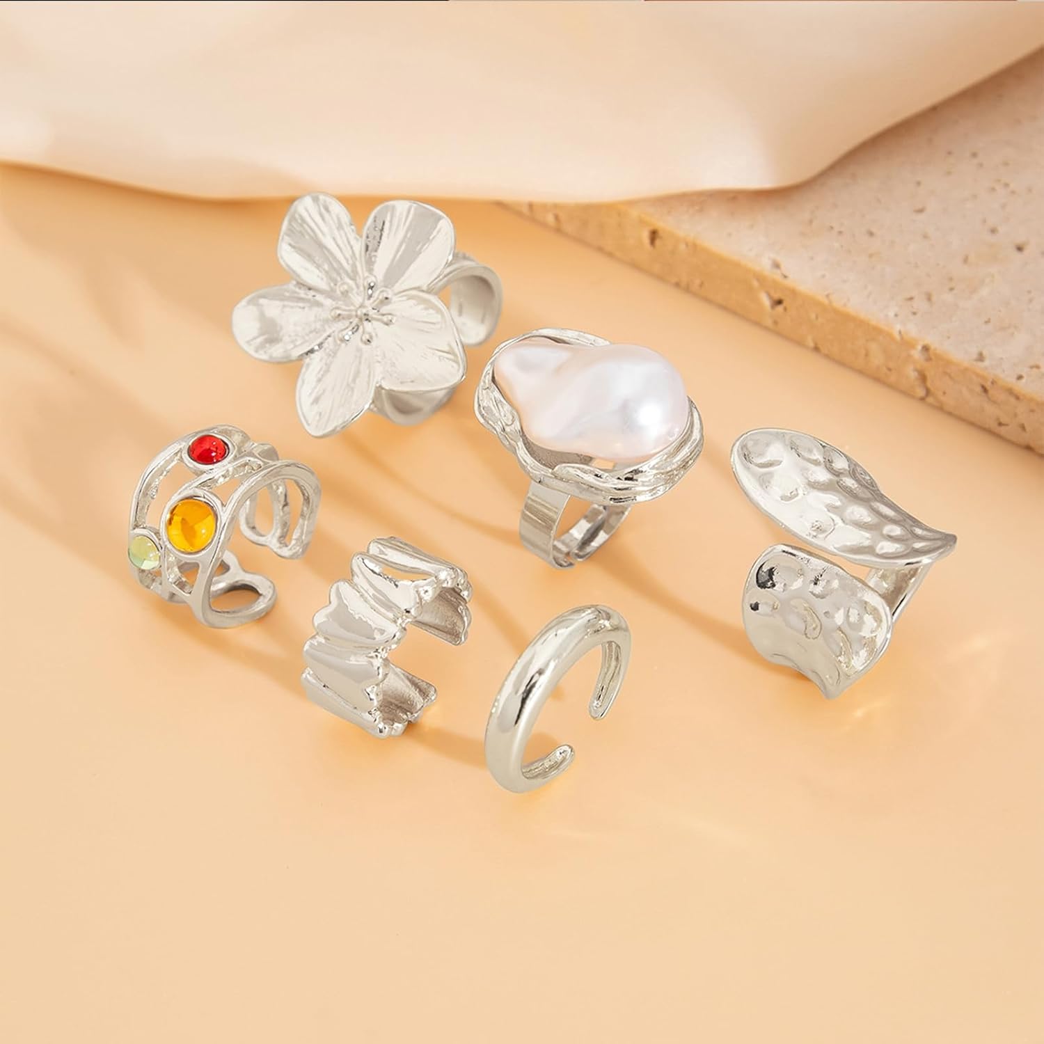 Chunky Gold Rings for Women Non Tarnish Stackable Baroque Pearl Flower Knuckle Rings Set Aesthetic Silver 6Pcs Trendy Dainty Open Midi Ring Set Jewelry Gifts - Image 5