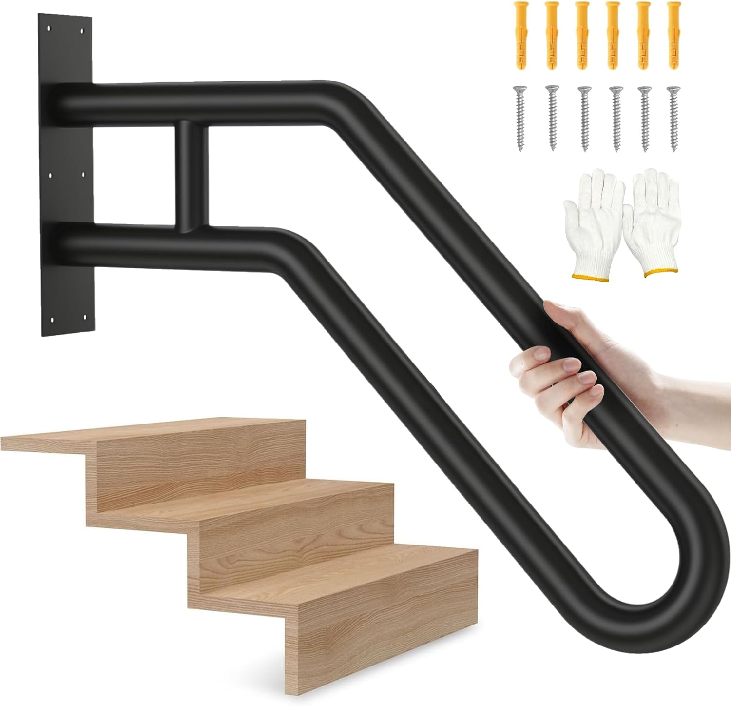 Handrails for Outdoor Steps, Stair Railing Indoor1-3 Step, U-Shaped Stairs Wall Mounted Metal Handrail for Garage, Porch, Yard and Garden - Black 1PCS