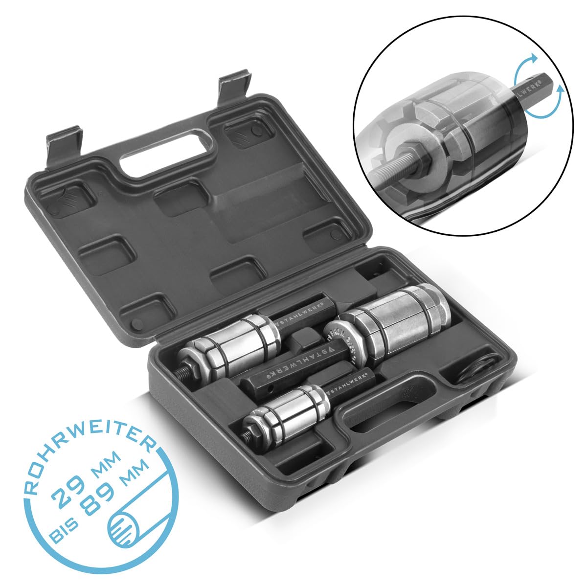 STAHLWERK Set d'évaseurs de tuyau 29-89 mm Ensemble de 3 pièces pour élargisseur de tuyau d'échappement | Expandeur de tuyau | Formeur de tuyau d'échappement | Éclisse de tuyau | Outil pour véhicules