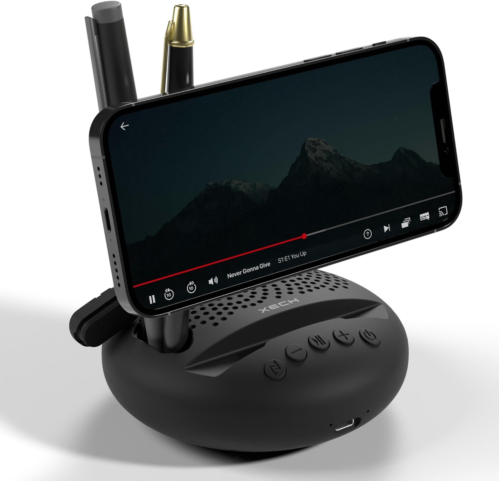 Xech Wireless Mini Speaker with Phone Holder 3-in-1 Portable BT Speakers for Home 6H Playtime Desktop Small Speaker (Arc, Black)