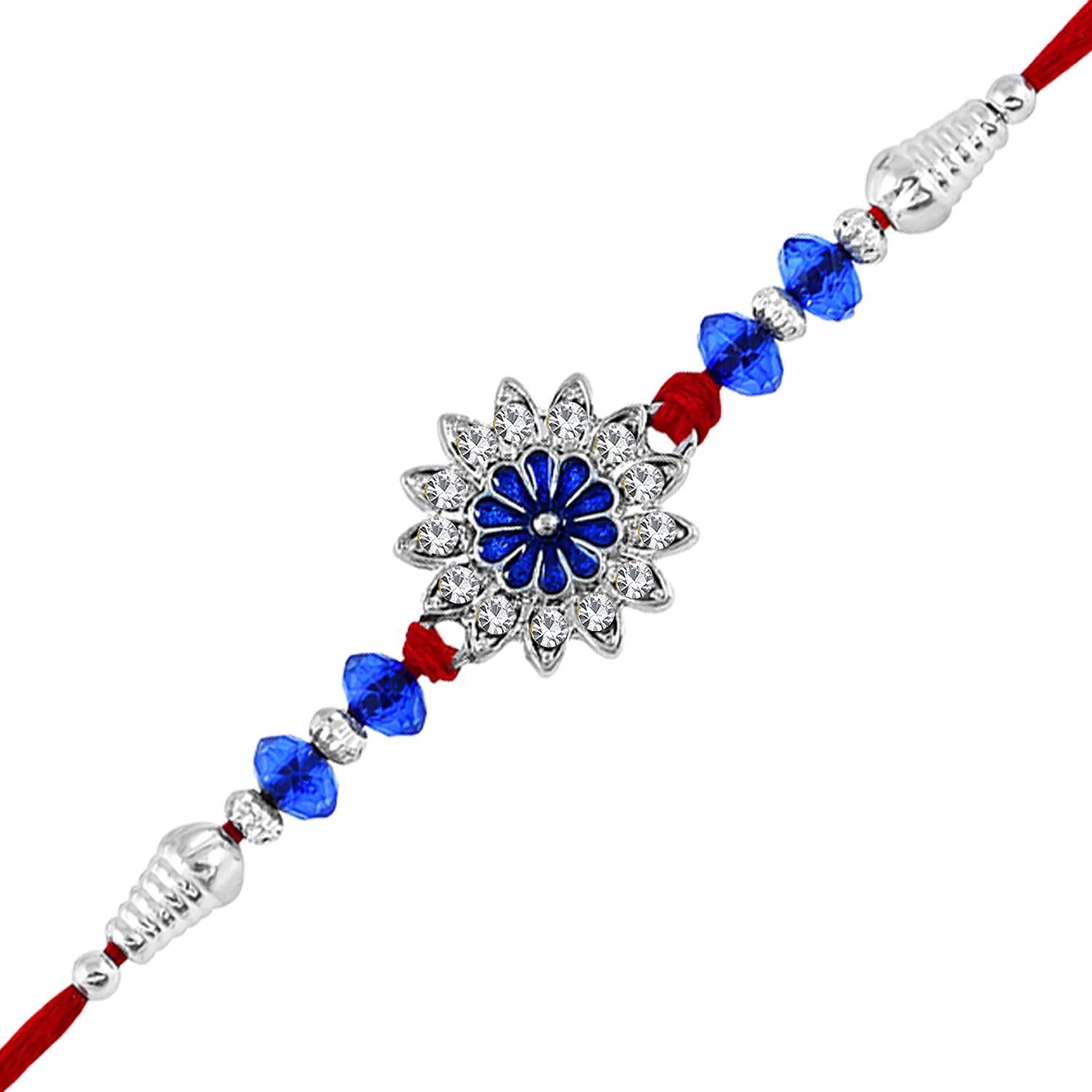 Okos Rhodium Plated Blue Meenakari Floral Design Alloy Rakhi Bracelet Emblished With Blue Artificial Beads And White Crystal Stones- Rakhi for Brother, Bhaiya, Bhai RK1000389 (B098C8NBQB) Amazon Price History, Amazon Price Tracker