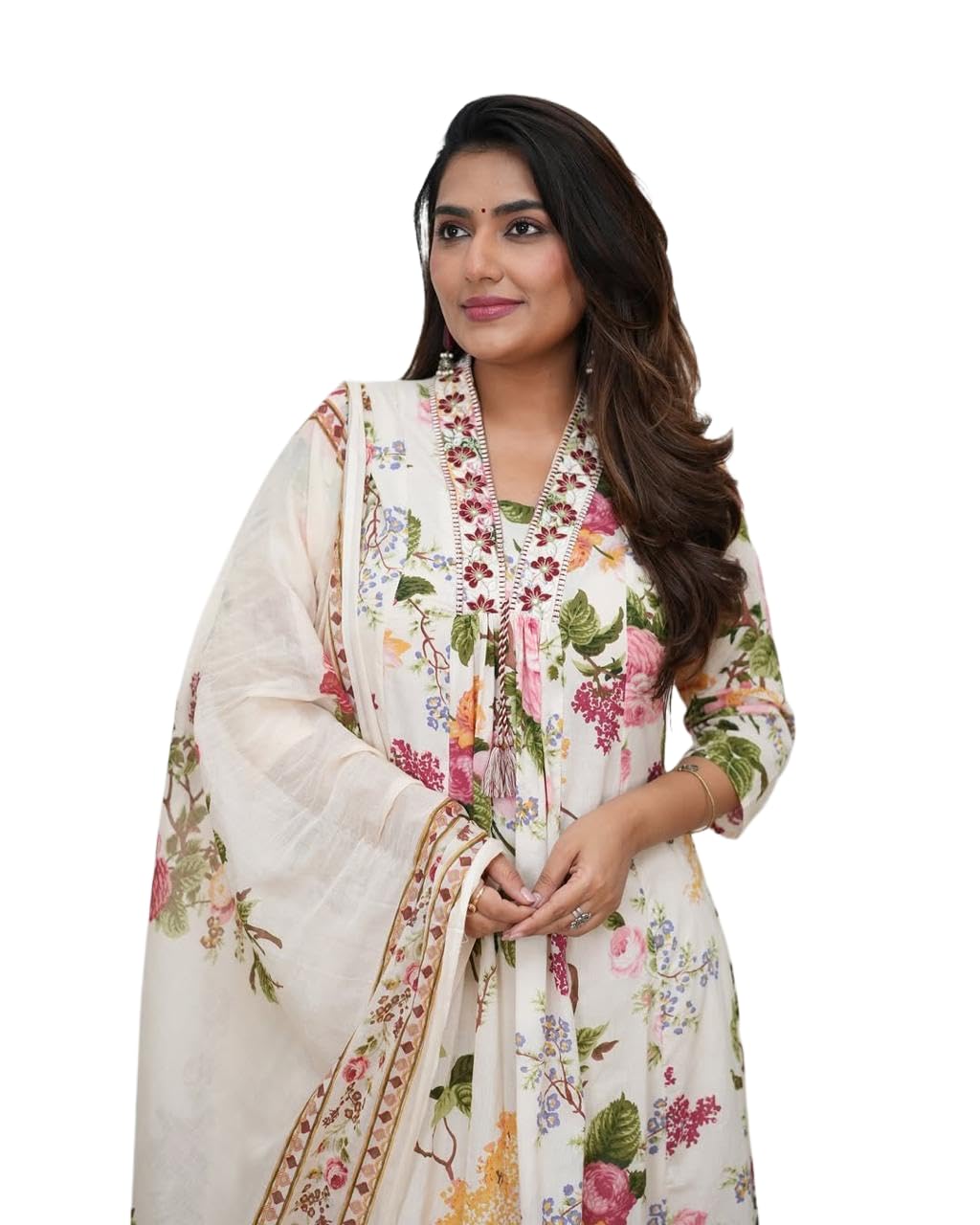 Women's Off-White Embroidered Kurta Set with Dupatta | Floral Embroidery | A-Line Style Kurta | 3/4 Sleeves | Ethnic Wear for Festive, Party & Casual Occasions-picture-29