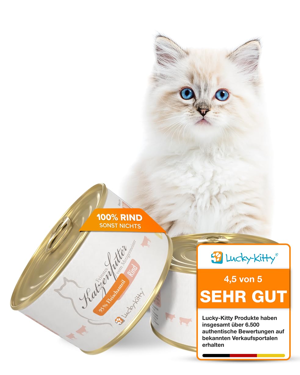 Lucky-Kitty Katzenfutter Nass Rind, 95% Fleisch, Monoprotein, 16x200g | 95% Fleisch, Ohne Getreide & Zucker, Lebensmittelqualität, Keine Zusätze, Made in Germany