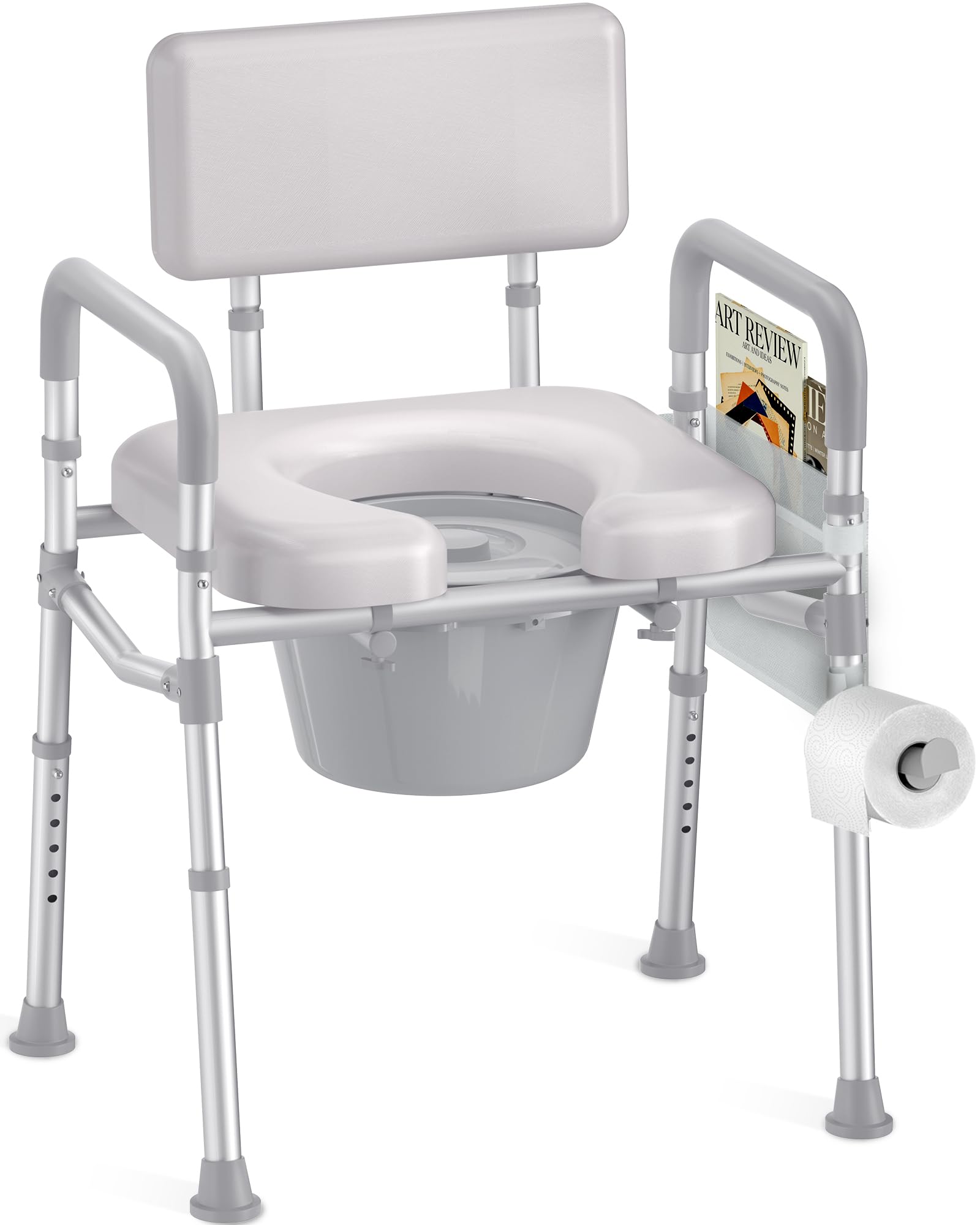 HOMLAND Bedside Commode Toilet, Padded Seat & Backrest, Enhanced Crossbar | Aluminum Potty Chair, Height Adjustable, Removable Bucket, Tool-Free Assembly, 350lb Portable Toilet for Adults & Seniors