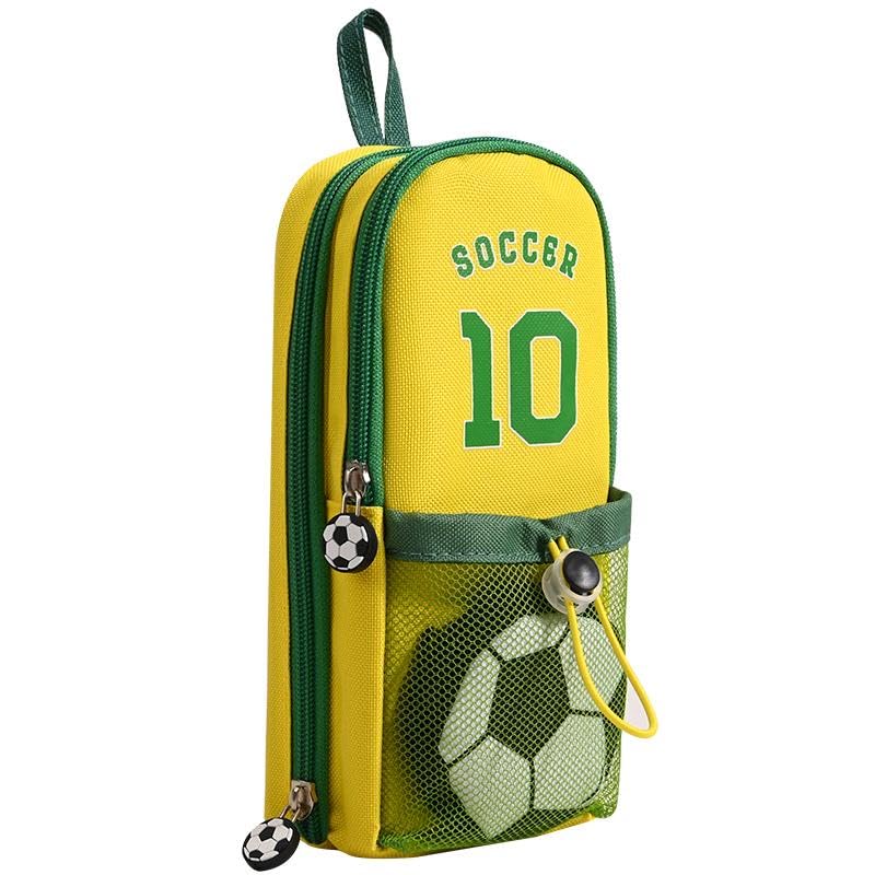 Polyester Large Capacity Pencil Pouch with 3 Zippers & 5 Compartments - Waterproof Standing Pencil Case with Metal Zipper + Football Charm & Coin Pouch | Aesthetic Stationary for Kids, Yellow-image-38