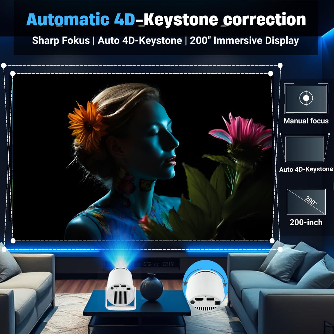 Mini Proiettore Portatile 4K con Android TV 11, WiFi 6 e Bluetooth 5.2, 170 ANSI Lumen – Smart Proiettore Compatibile con Smartphone, TV Stick, PC – Home Cinema HD, Compatto e Facile da Usare