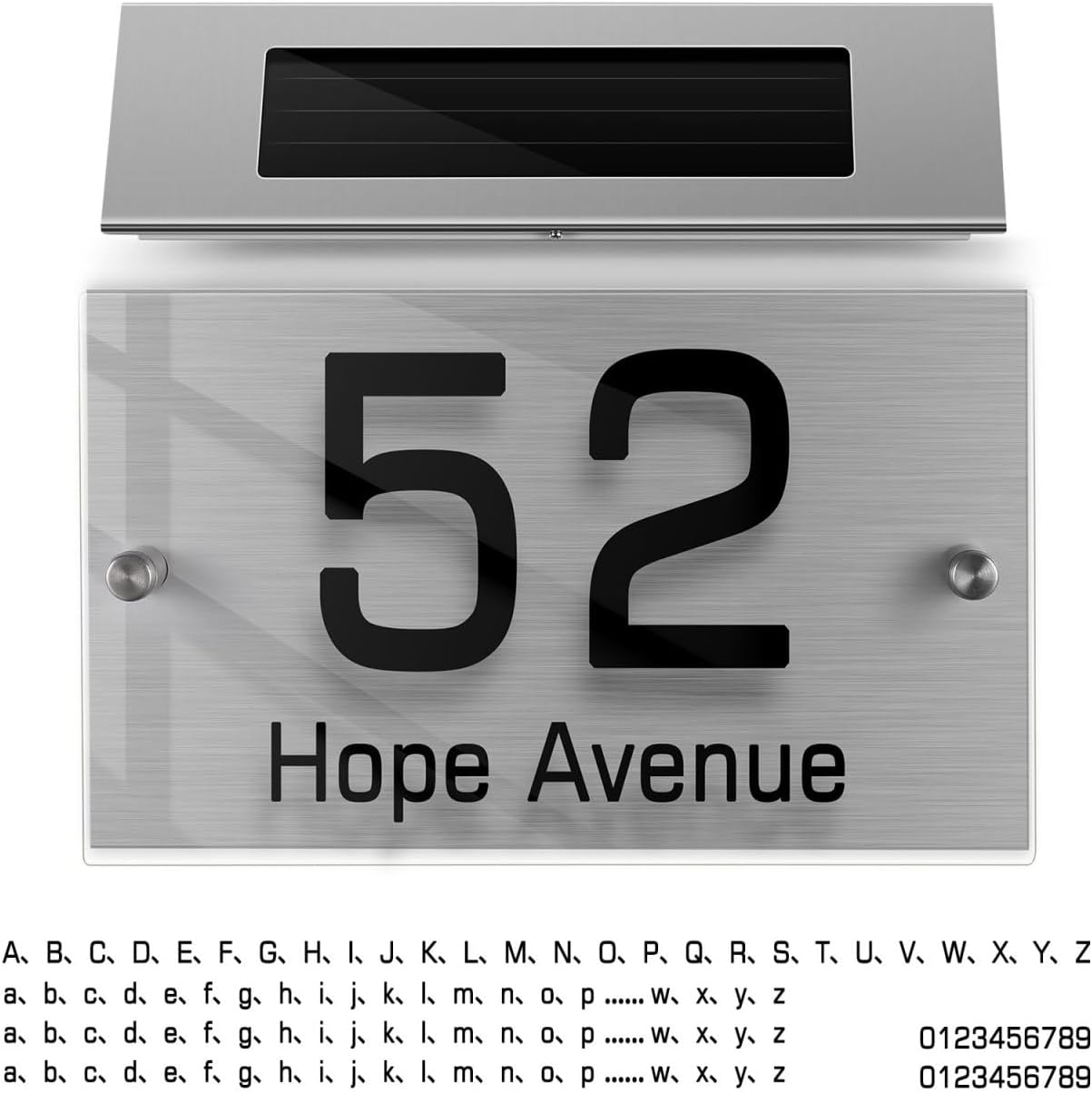 Angoily Solar Address Sign Lamp with 18 Led Lights, House Numbers for Outside，Dual Color White and Warm Light, Stainless Steel Doorplate for Home Decor
