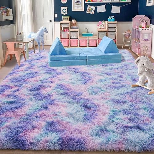 Rugs for Living Room 9x12, Soft Shaggy Modern Large Shag Area Rug for Bedroom, Upgrade Non-Slip Plush Fluffy Carpet for Kids Boys Girls Room Home Decor Aesthetic, Rainbow Purple