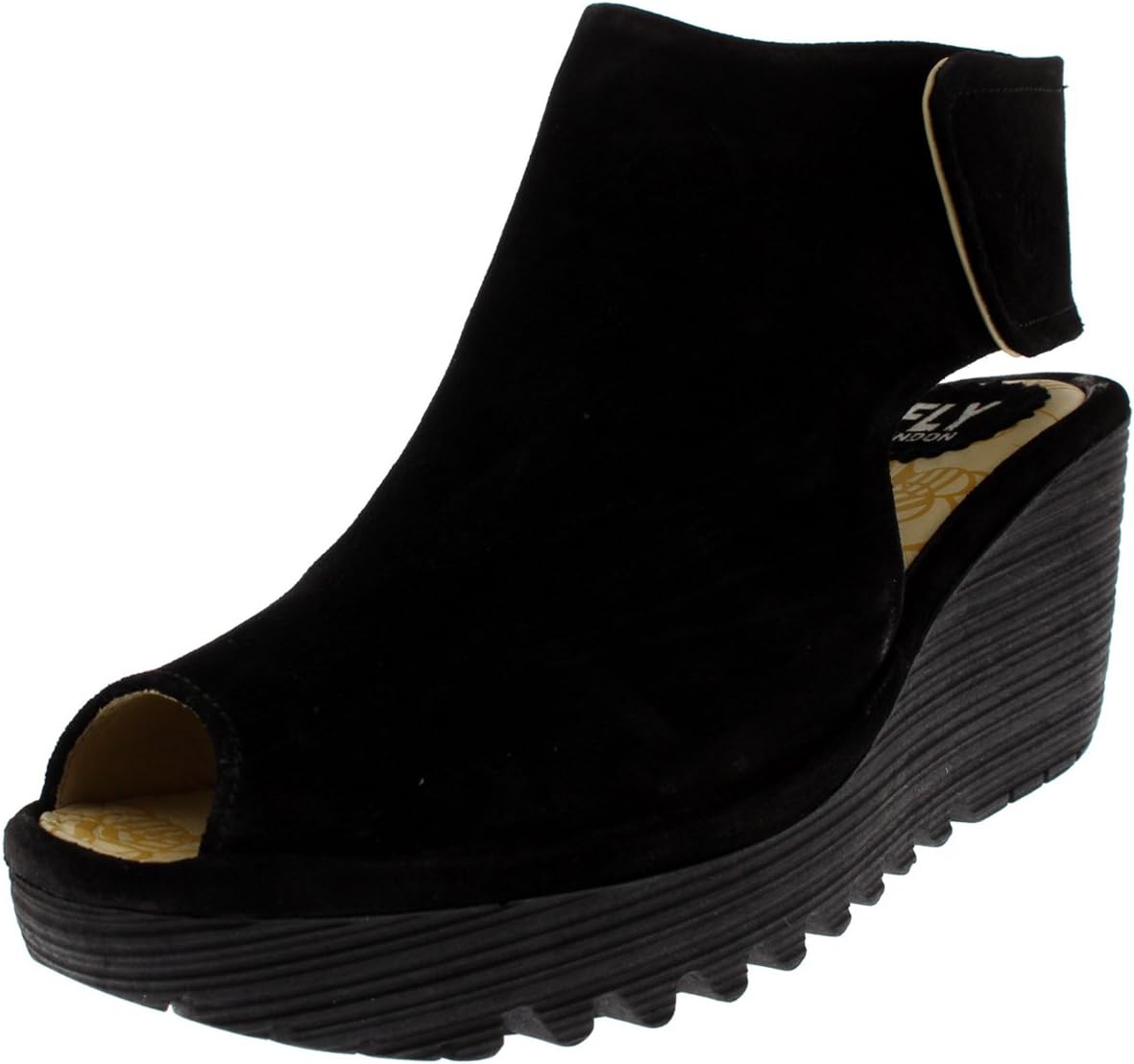 FLY London Womens Yone Cut Out Wedge Heel Ankle Leather Peep Toe Boots - Black - 9