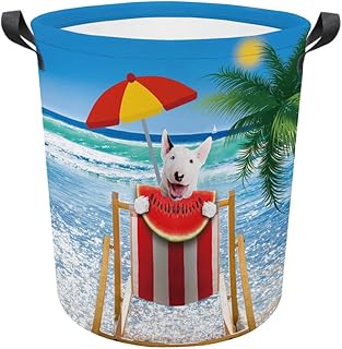 MALIHONG Watermelon Beach Dog Large Round Laundry Basket with Handles Bull Terrier Loyal Dog Print Collapsible Toy Box Clothes Washing Laundry Hamper Storage Bin for Bedroom Nursery
