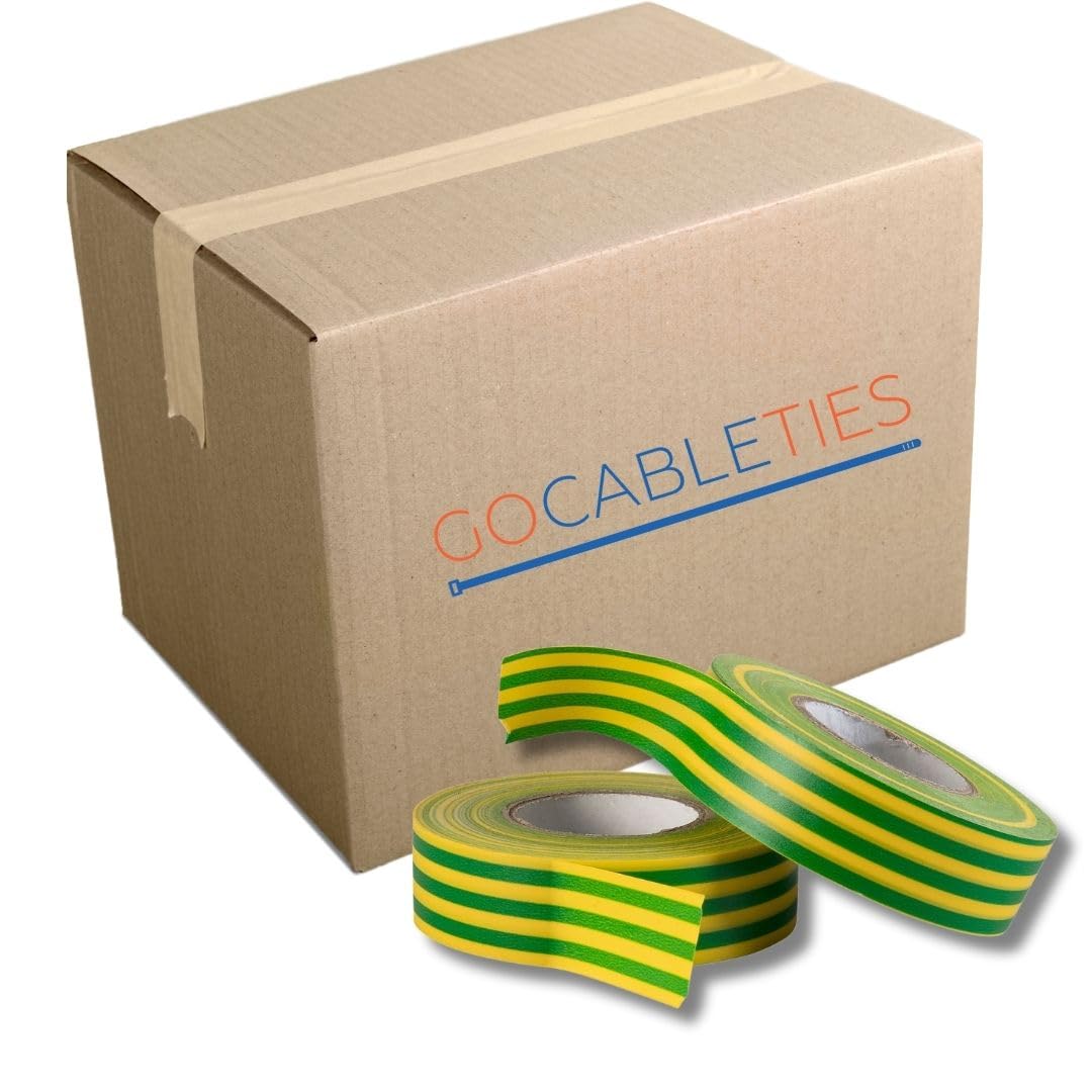 Gocableties Earth Electrical Tape, 19mm x 20m, Bulk Box of 100 Rolls, Strong Self-Adhesive PVC Insulation Tape for Insulating, Repairing and Protecting Electrical Wires