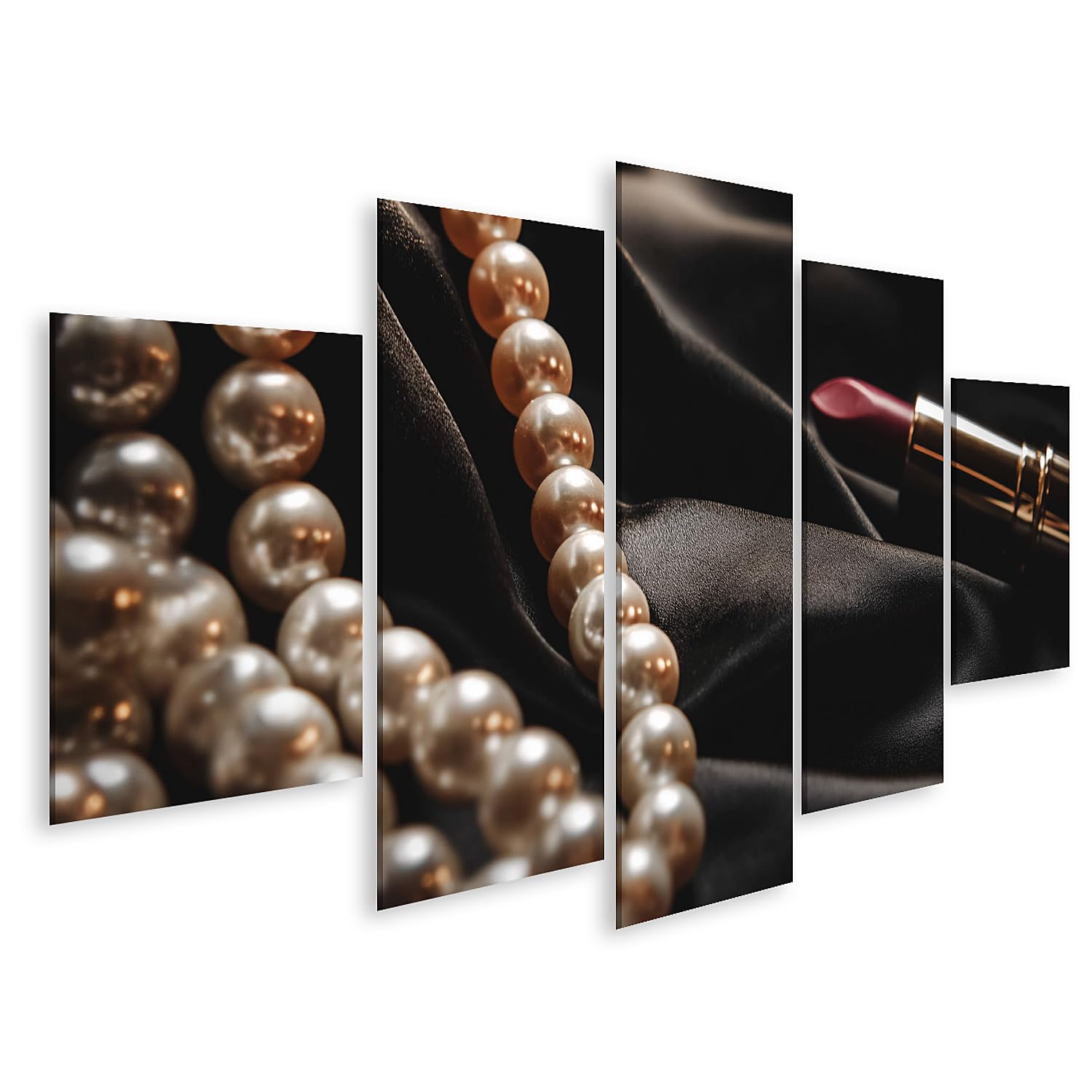 islandburner Bild auf Leinwand Elegante Perlenkette und roter Lippenstift auf schwarzem Satin - 5-teilig